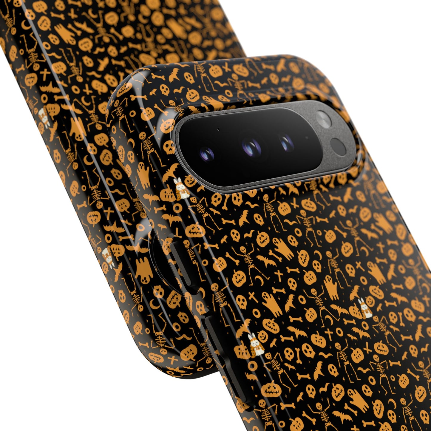 Spooky Icons Halloween Hard Phone Case – Glossy Orange & Black Pumpkin Ghost Pattern, Protective Fall Aesthetic