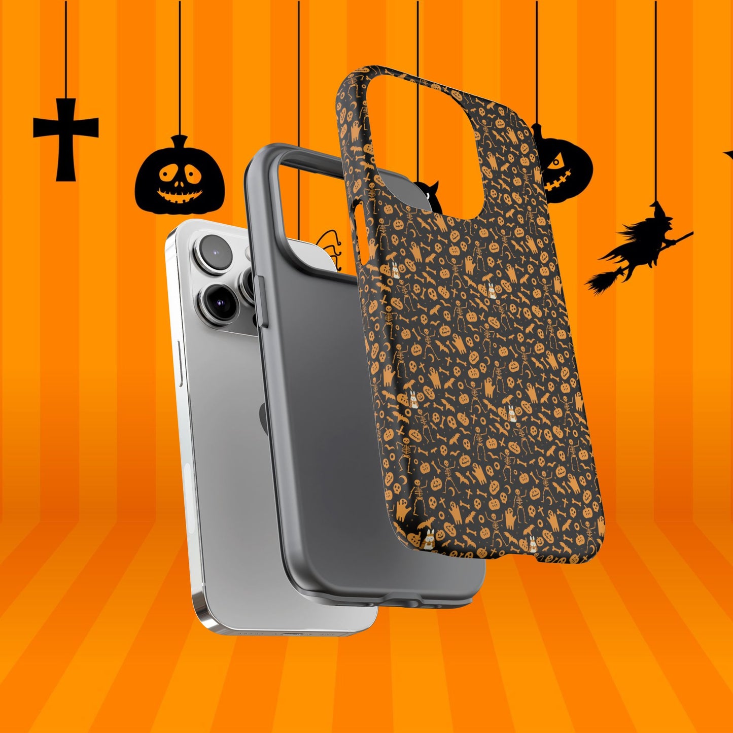 Spooky Icons Halloween Hard Phone Case – Glossy Orange & Black Pumpkin Ghost Pattern, Protective Fall Aesthetic