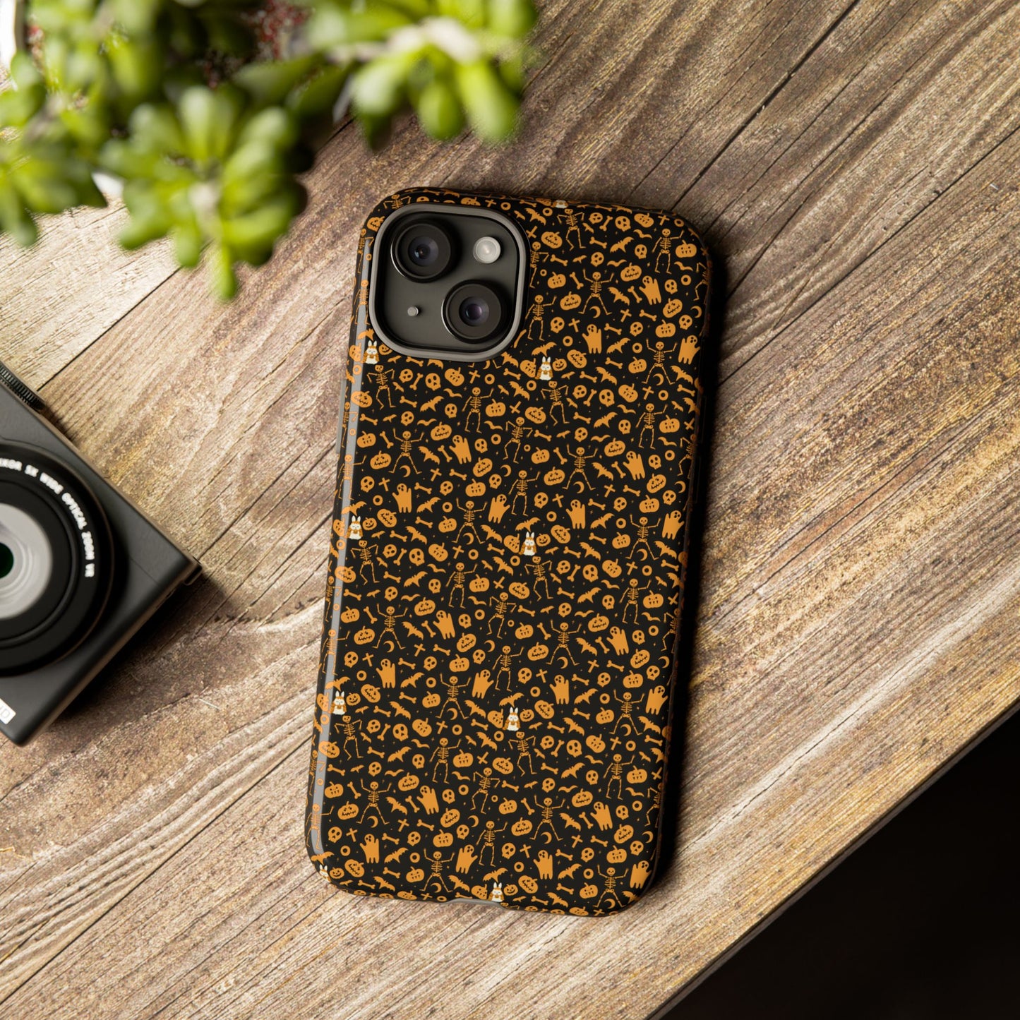Spooky Icons Halloween Hard Phone Case – Glossy Orange & Black Pumpkin Ghost Pattern, Protective Fall Aesthetic