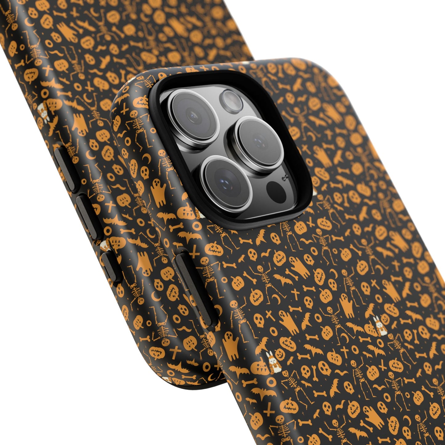 Spooky Icons Halloween Hard Phone Case – Glossy Orange & Black Pumpkin Ghost Pattern, Protective Fall Aesthetic
