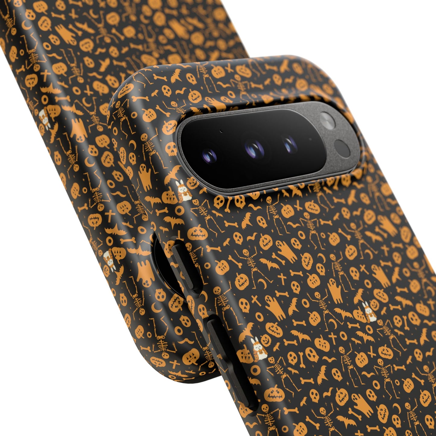 Spooky Icons Halloween Hard Phone Case – Glossy Orange & Black Pumpkin Ghost Pattern, Protective Fall Aesthetic