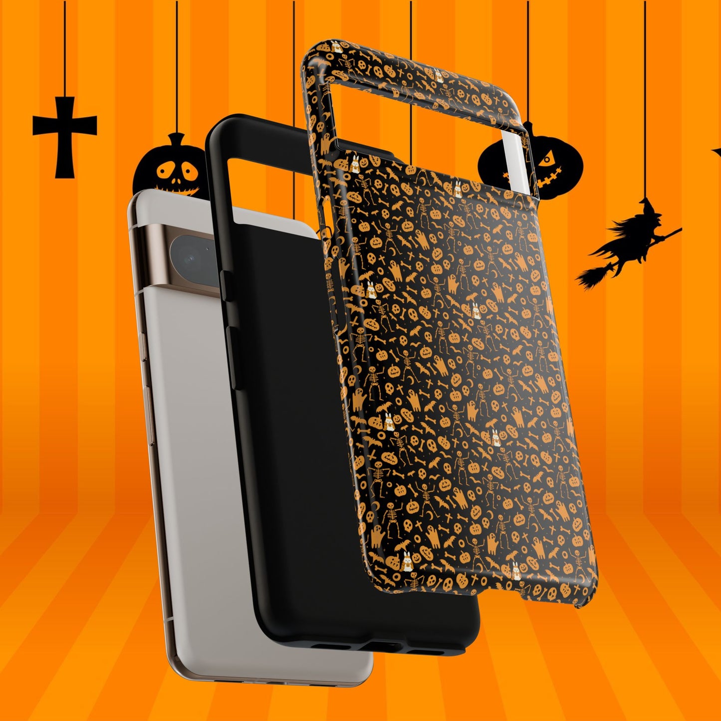 Spooky Icons Halloween Hard Phone Case – Glossy Orange & Black Pumpkin Ghost Pattern, Protective Fall Aesthetic