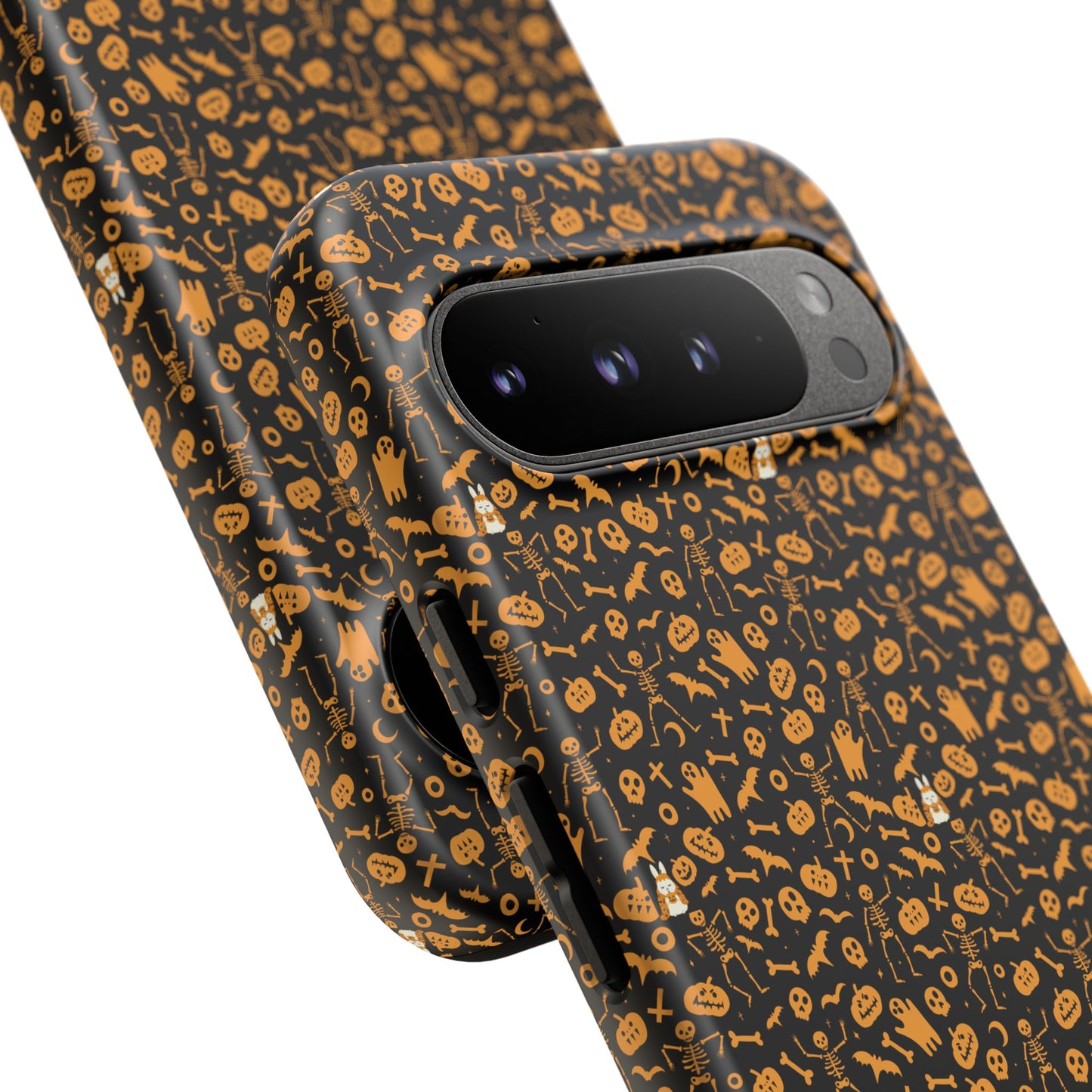 Spooky Icons Halloween Hard Phone Case – Glossy Orange & Black Pumpkin Ghost Pattern, Protective Fall Aesthetic