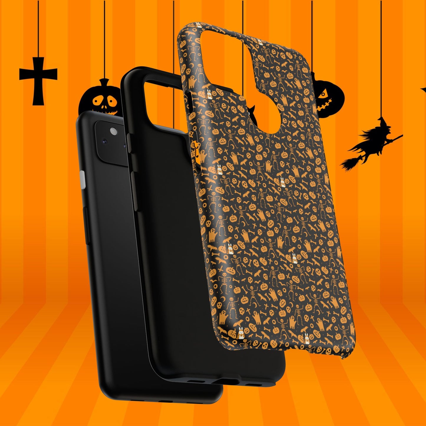 Spooky Icons Halloween Hard Phone Case – Glossy Orange & Black Pumpkin Ghost Pattern, Protective Fall Aesthetic