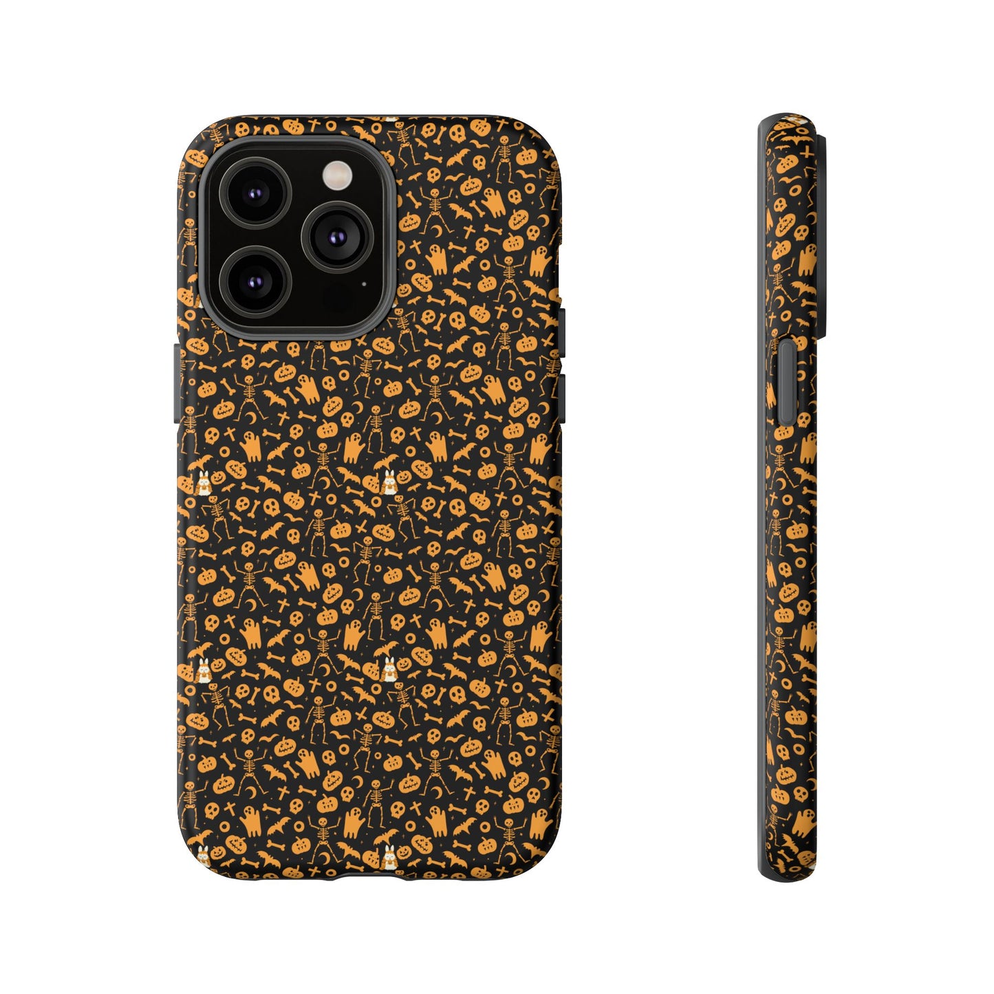 Spooky Icons Halloween Hard Phone Case – Glossy Orange & Black Pumpkin Ghost Pattern, Protective Fall Aesthetic