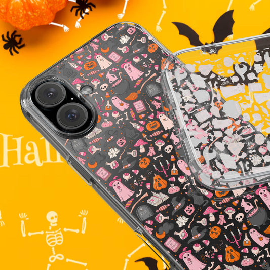 Halloween Hard Phone Case – Pink & Orange Spooky Pattern, Cute Aesthetic Protective iPhone & Samsung Cover
