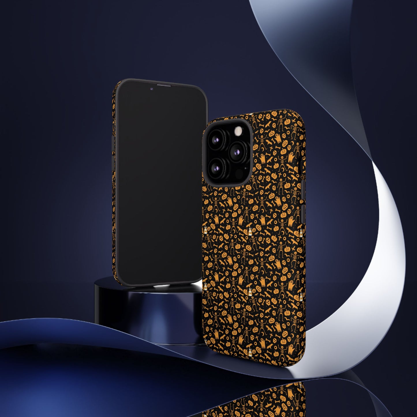 Spooky Icons Halloween Hard Phone Case – Glossy Orange & Black Pumpkin Ghost Pattern, Protective Fall Aesthetic