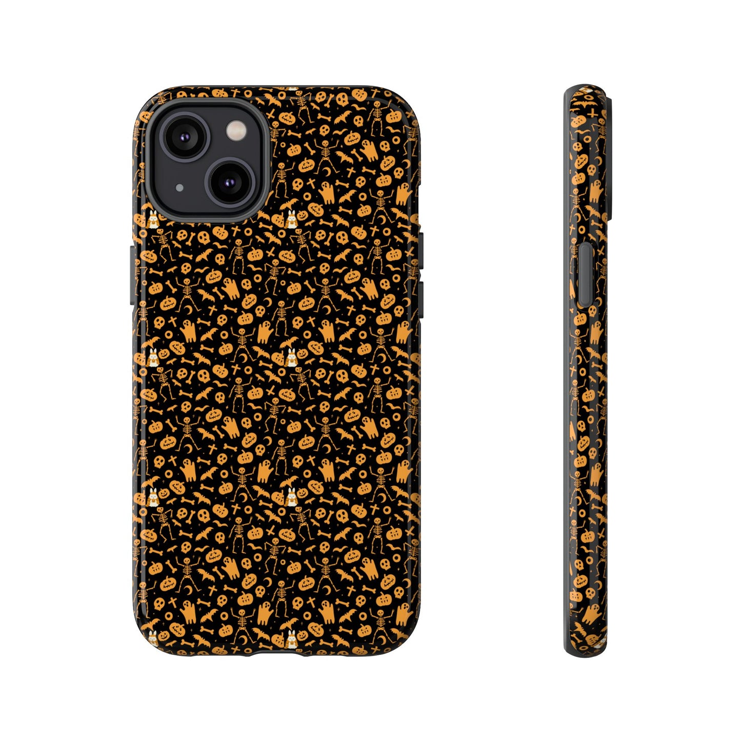 Spooky Icons Halloween Hard Phone Case – Glossy Orange & Black Pumpkin Ghost Pattern, Protective Fall Aesthetic