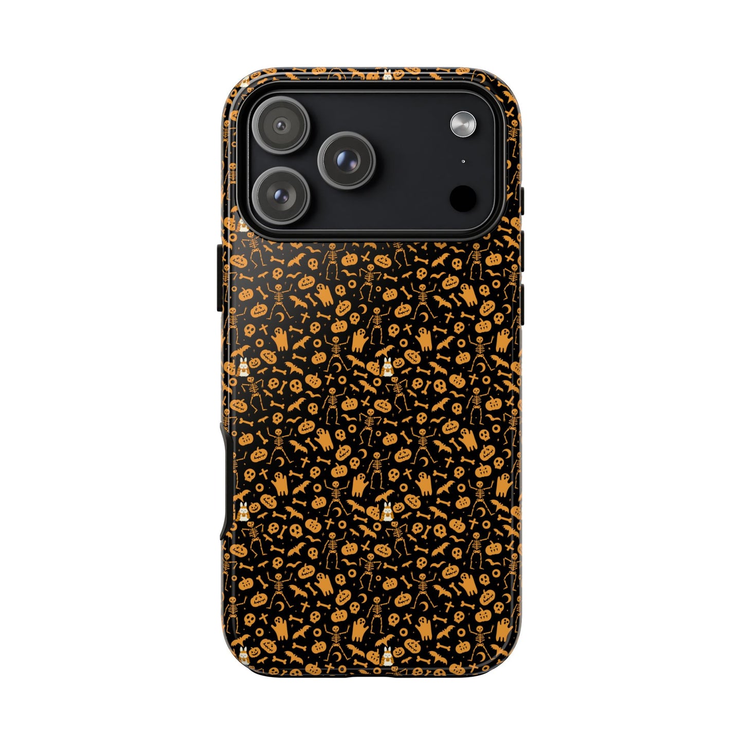 Spooky Icons Halloween Hard Phone Case – Glossy Orange & Black Pumpkin Ghost Pattern, Protective Fall Aesthetic