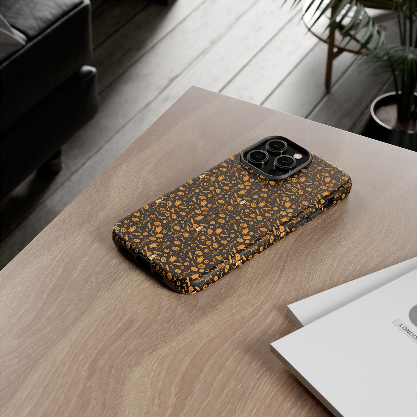 Spooky Icons Halloween Hard Phone Case – Glossy Orange & Black Pumpkin Ghost Pattern, Protective Fall Aesthetic