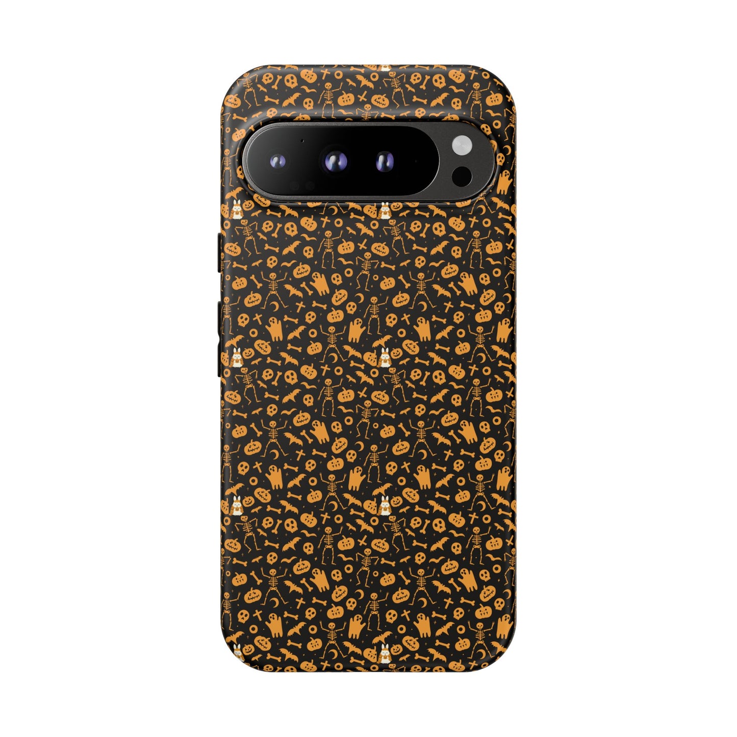 Spooky Icons Halloween Hard Phone Case – Glossy Orange & Black Pumpkin Ghost Pattern, Protective Fall Aesthetic