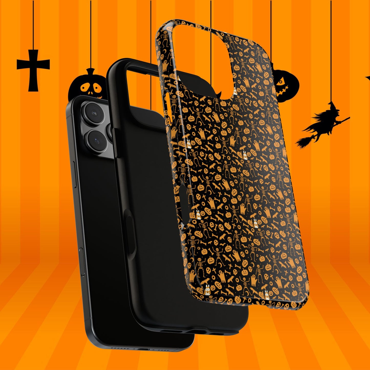 Spooky Icons Halloween Hard Phone Case – Glossy Orange & Black Pumpkin Ghost Pattern, Protective Fall Aesthetic
