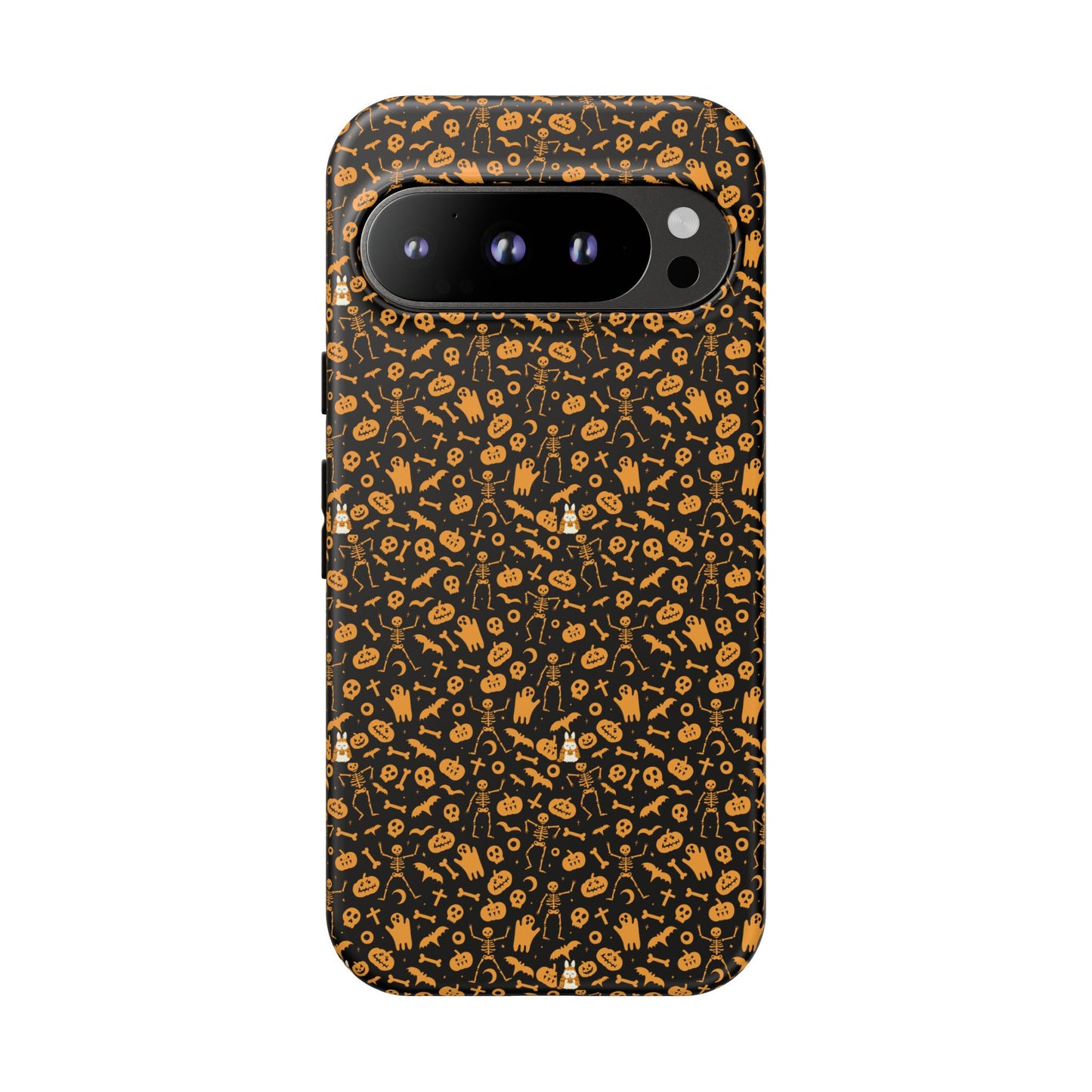 Spooky Icons Halloween Hard Phone Case – Glossy Orange & Black Pumpkin Ghost Pattern, Protective Fall Aesthetic