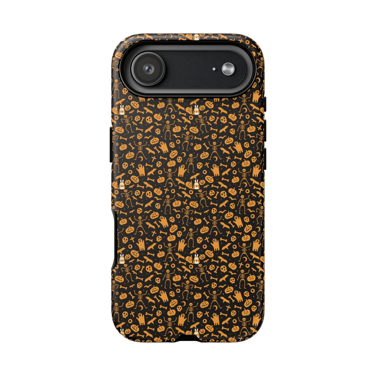 Spooky Icons Halloween Hard Phone Case – Glossy Orange & Black Pumpkin Ghost Pattern, Protective Fall Aesthetic
