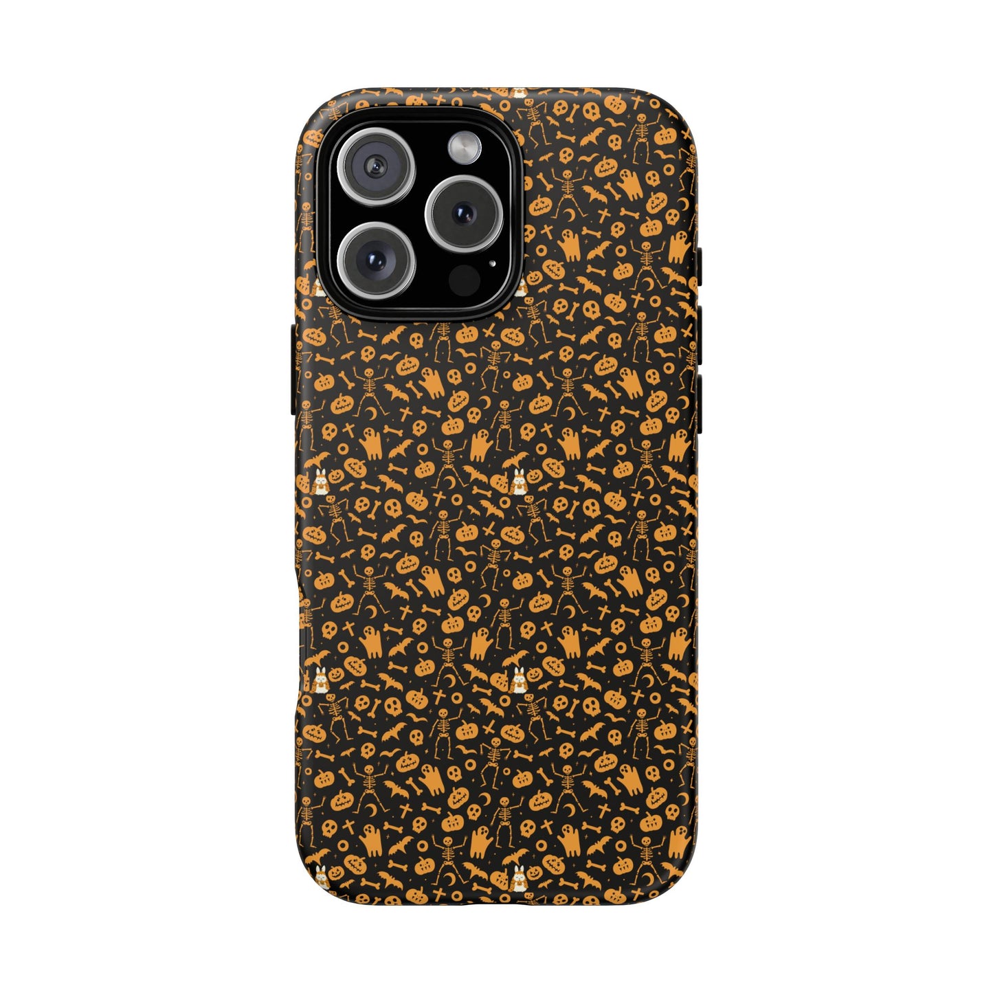 Spooky Icons Halloween Hard Phone Case – Glossy Orange & Black Pumpkin Ghost Pattern, Protective Fall Aesthetic