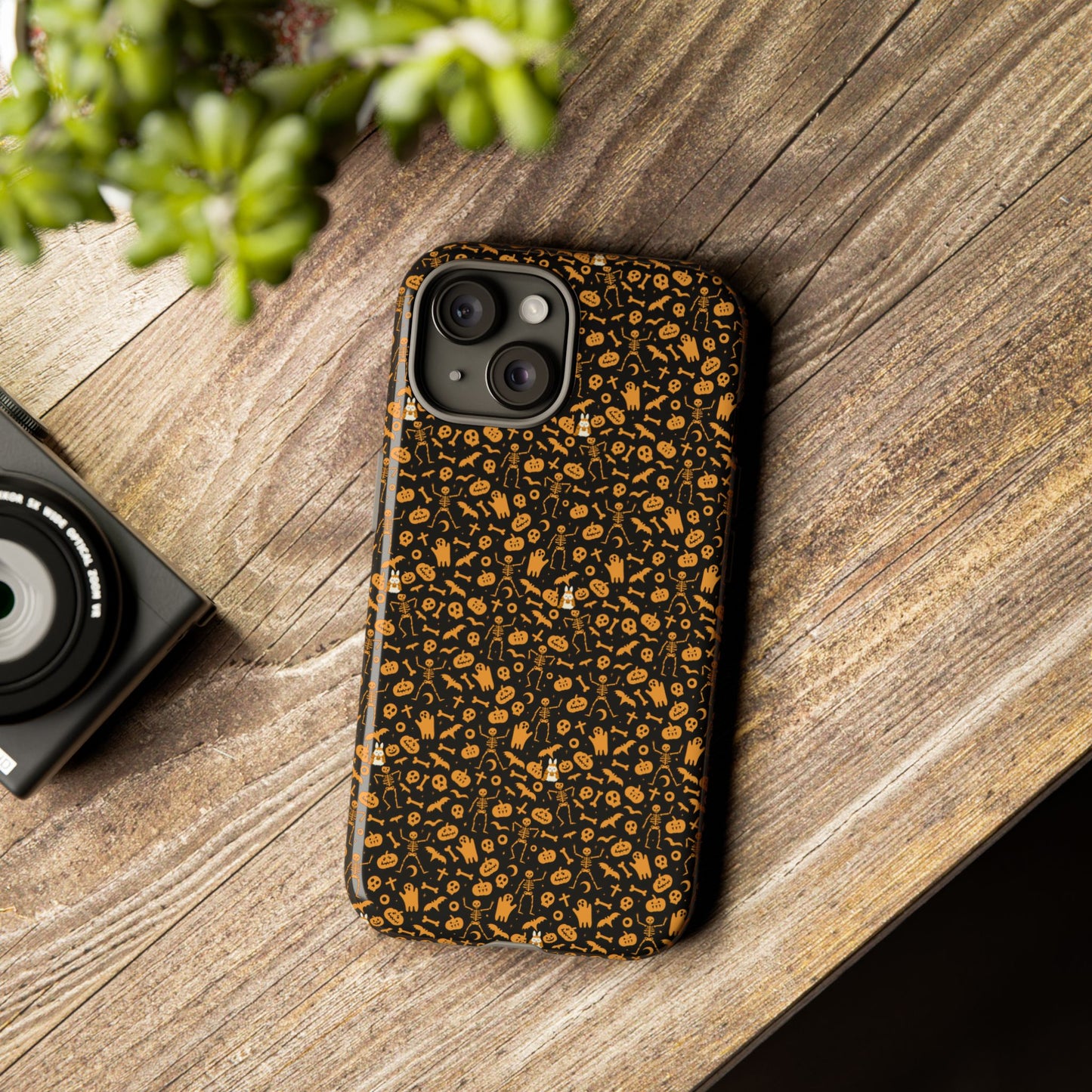 Spooky Icons Halloween Hard Phone Case – Glossy Orange & Black Pumpkin Ghost Pattern, Protective Fall Aesthetic