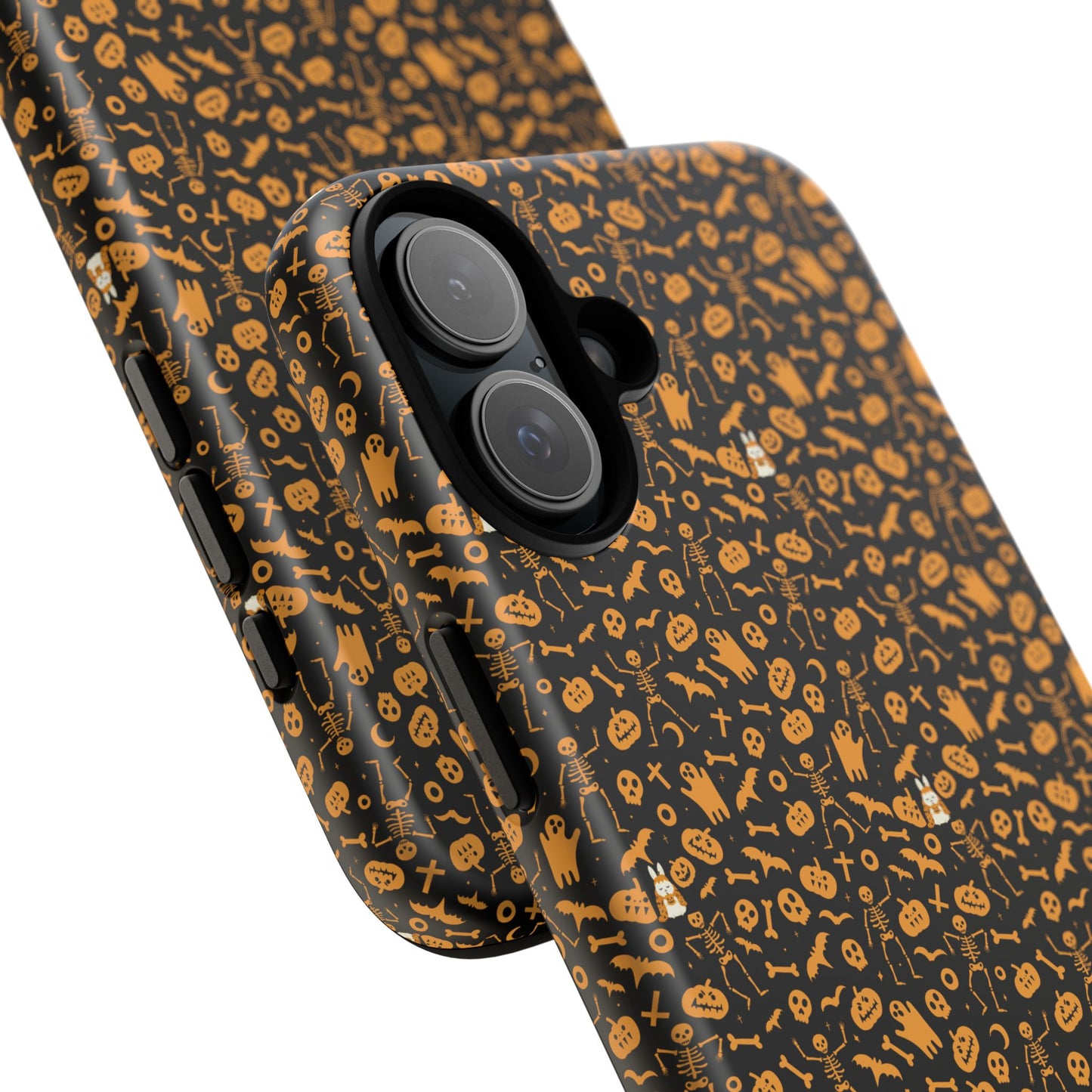 Spooky Icons Halloween Hard Phone Case – Glossy Orange & Black Pumpkin Ghost Pattern, Protective Fall Aesthetic