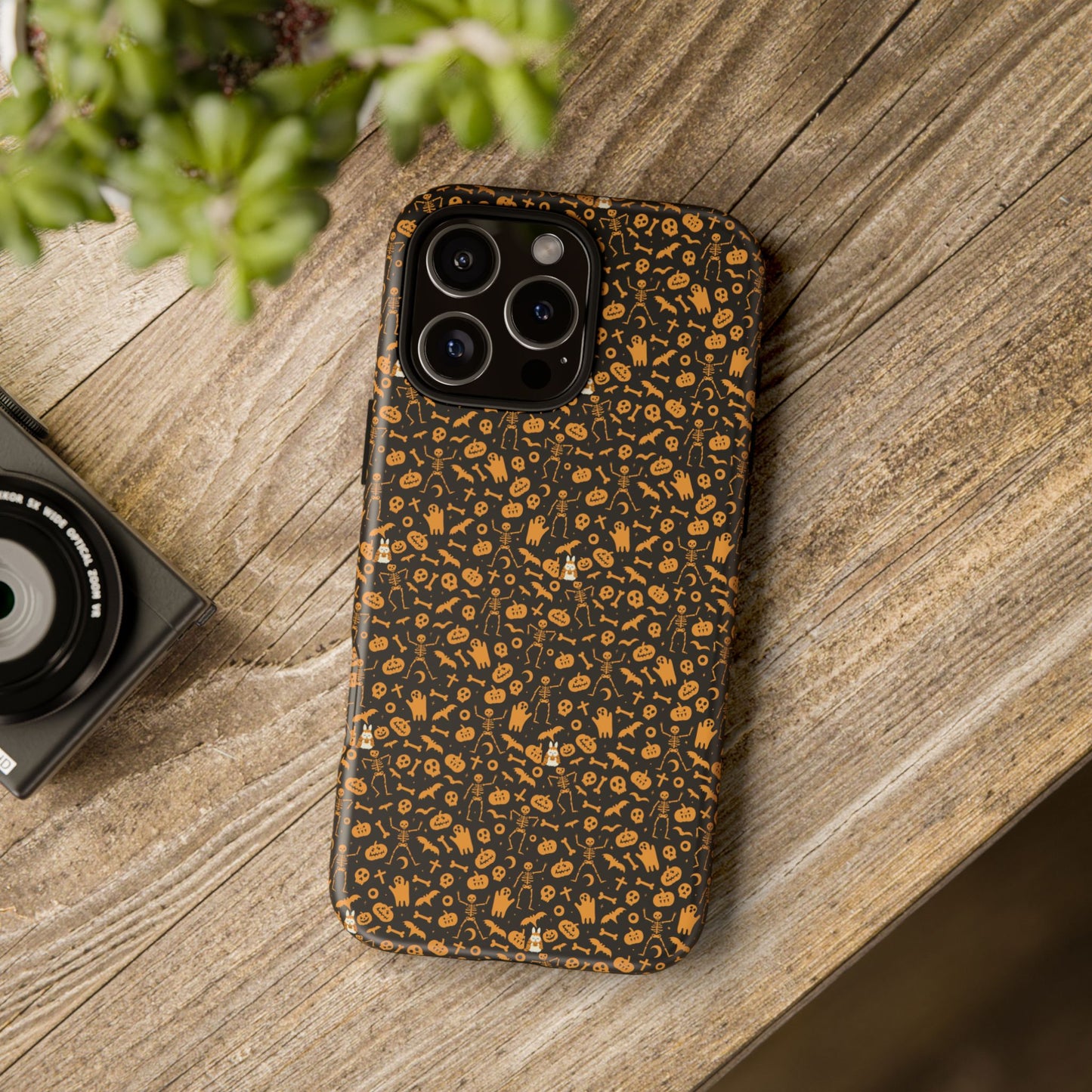 Spooky Icons Halloween Hard Phone Case – Glossy Orange & Black Pumpkin Ghost Pattern, Protective Fall Aesthetic