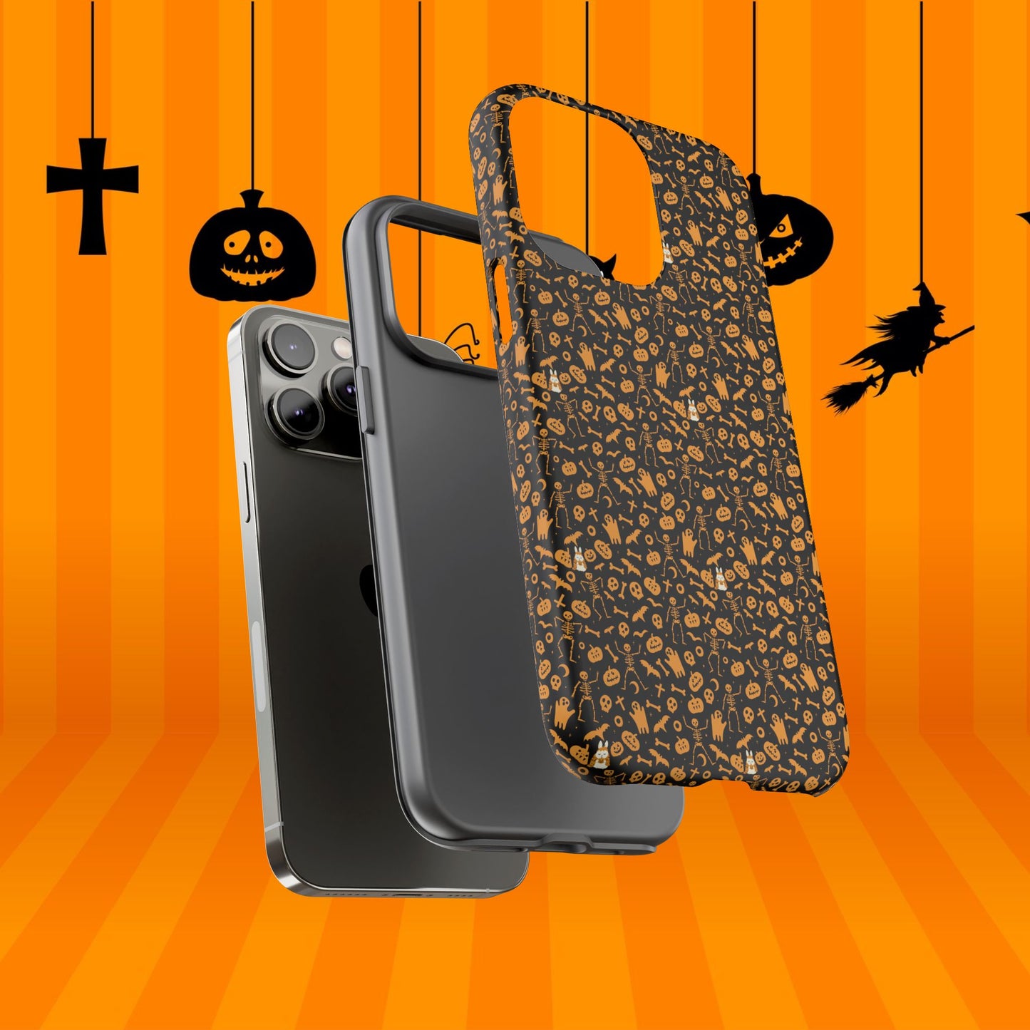 Spooky Icons Halloween Hard Phone Case – Glossy Orange & Black Pumpkin Ghost Pattern, Protective Fall Aesthetic