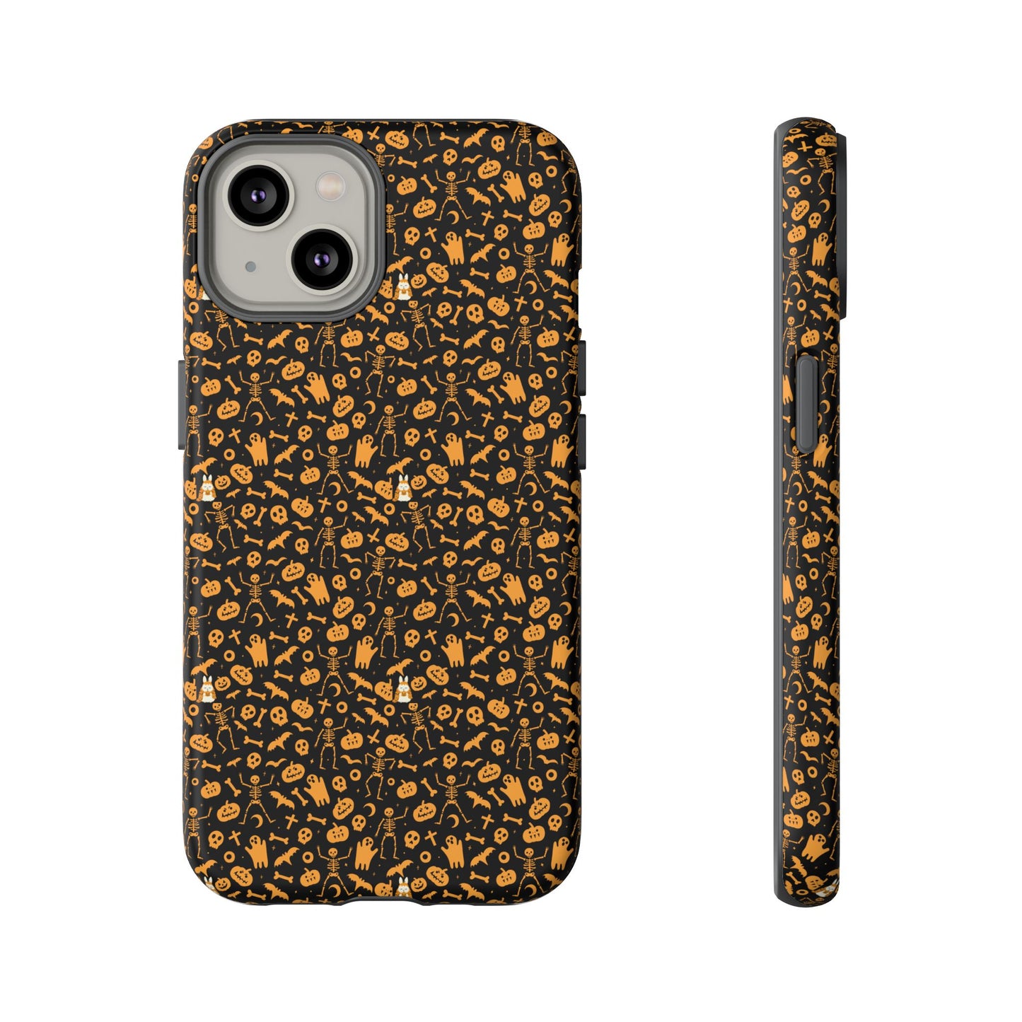 Spooky Icons Halloween Hard Phone Case – Glossy Orange & Black Pumpkin Ghost Pattern, Protective Fall Aesthetic