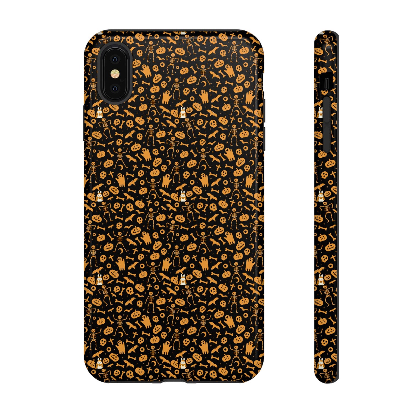 Spooky Icons Halloween Hard Phone Case – Glossy Orange & Black Pumpkin Ghost Pattern, Protective Fall Aesthetic