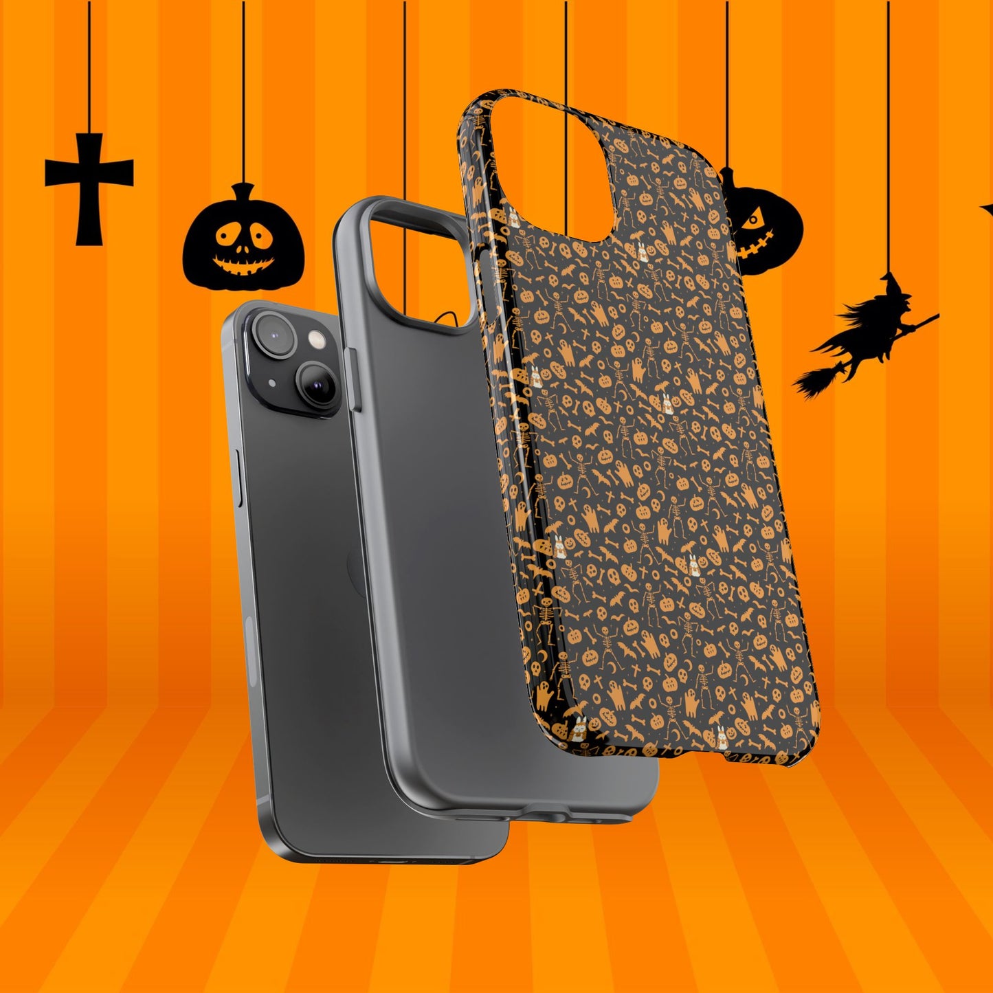 Spooky Icons Halloween Hard Phone Case – Glossy Orange & Black Pumpkin Ghost Pattern, Protective Fall Aesthetic