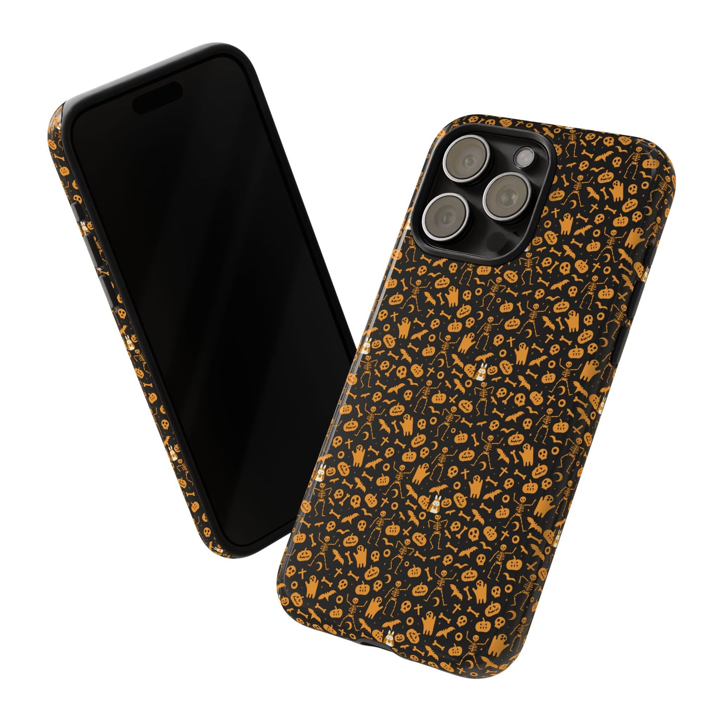 Spooky Icons Halloween Hard Phone Case – Glossy Orange & Black Pumpkin Ghost Pattern, Protective Fall Aesthetic