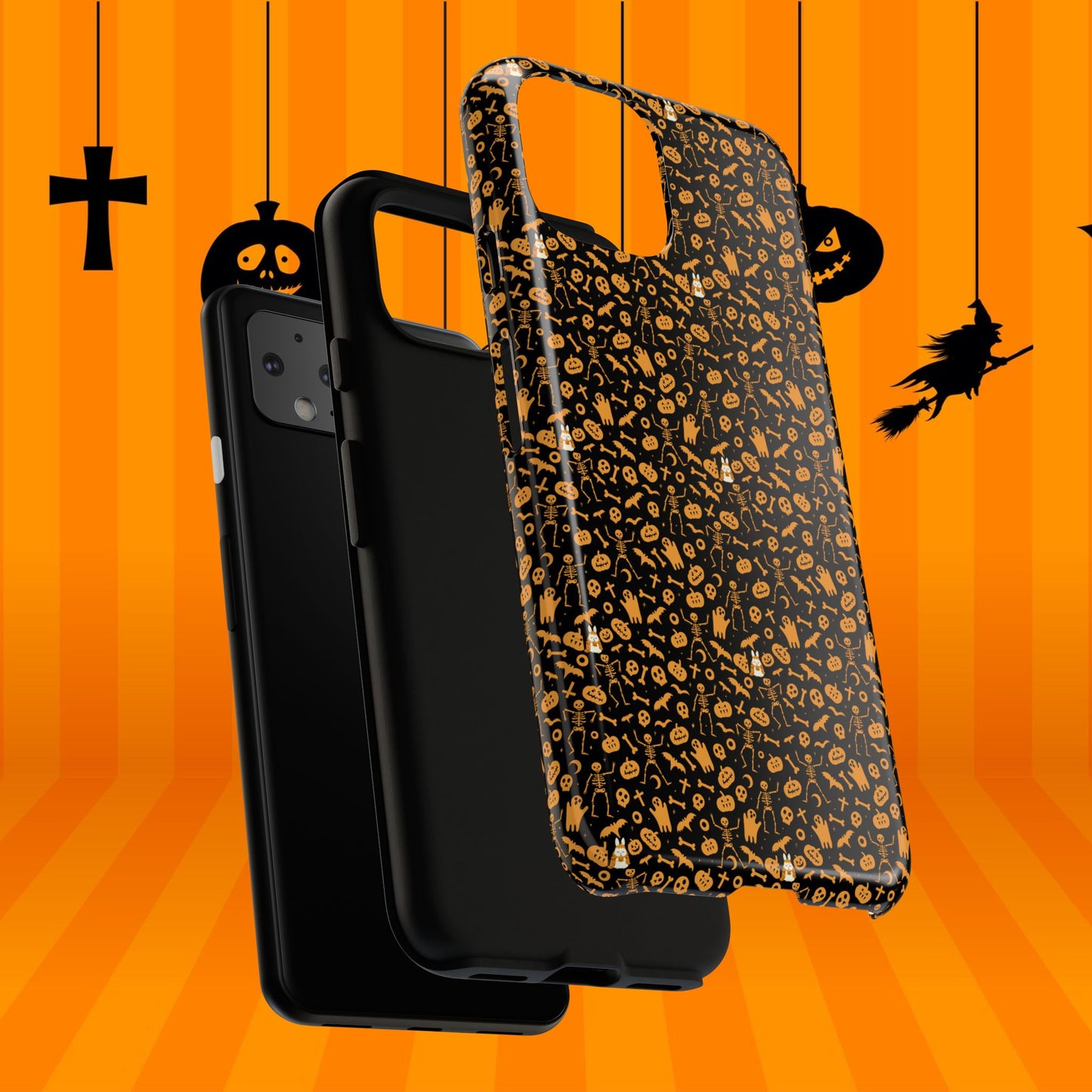 Spooky Icons Halloween Hard Phone Case – Glossy Orange & Black Pumpkin Ghost Pattern, Protective Fall Aesthetic