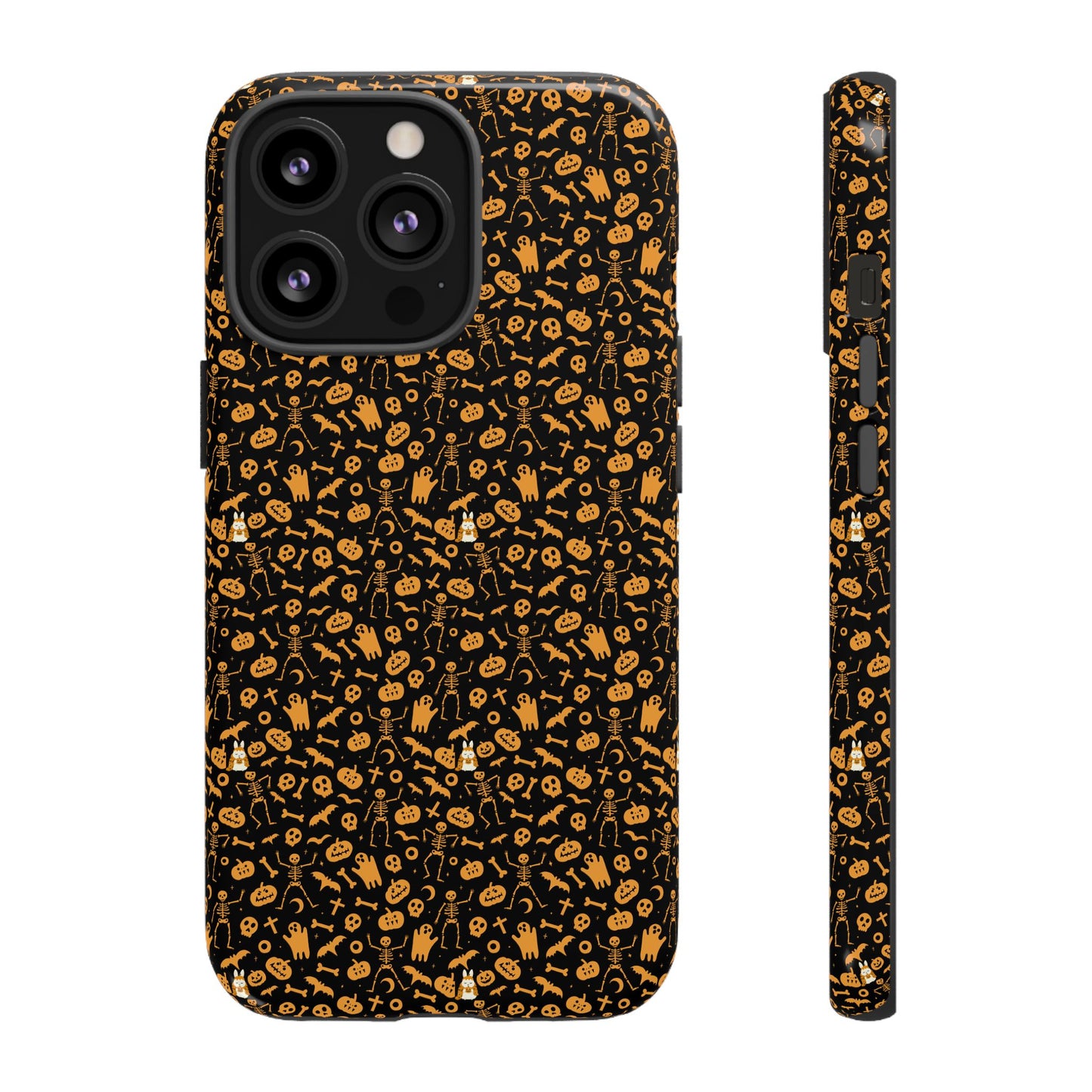 Spooky Icons Halloween Hard Phone Case – Glossy Orange & Black Pumpkin Ghost Pattern, Protective Fall Aesthetic