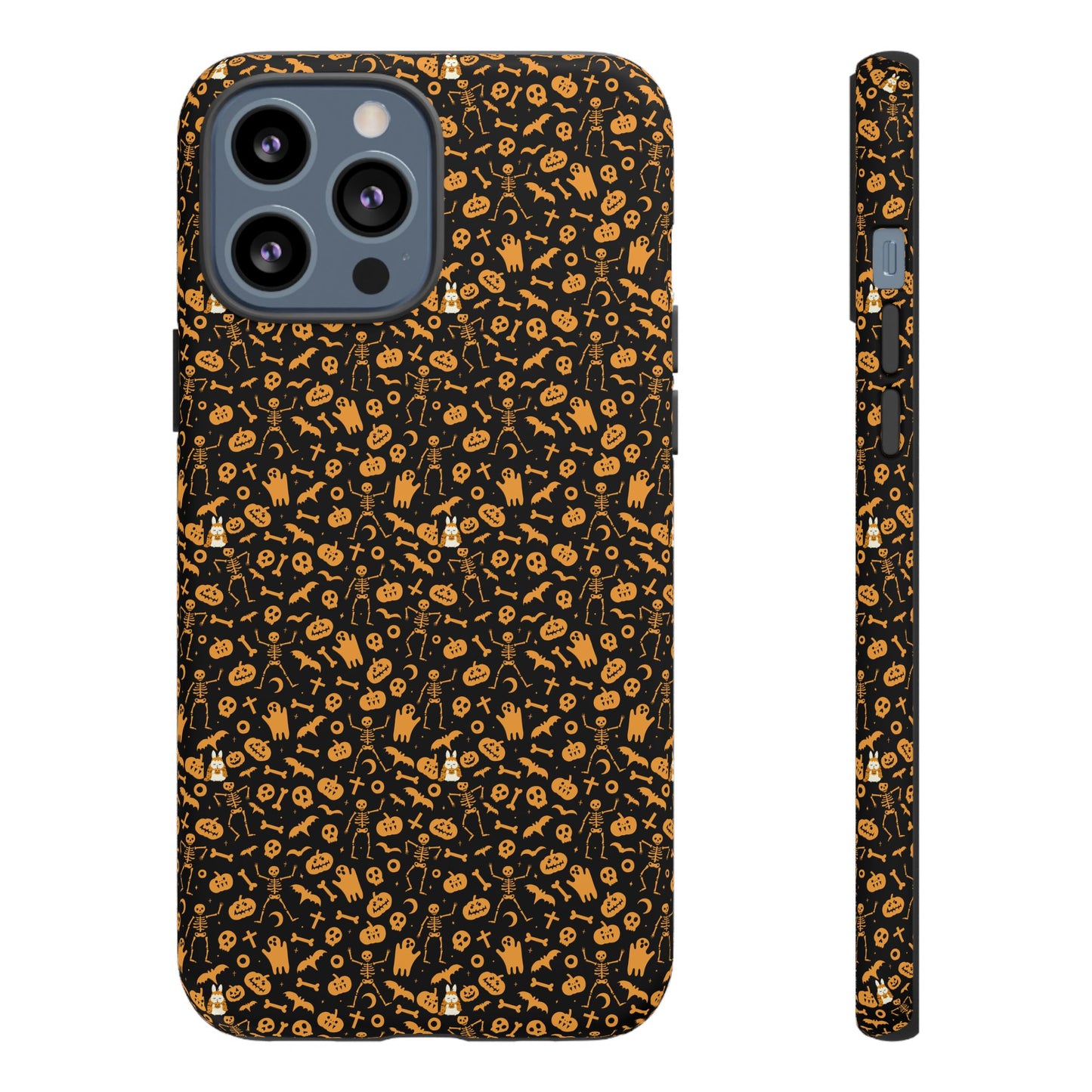 Spooky Icons Halloween Hard Phone Case – Glossy Orange & Black Pumpkin Ghost Pattern, Protective Fall Aesthetic