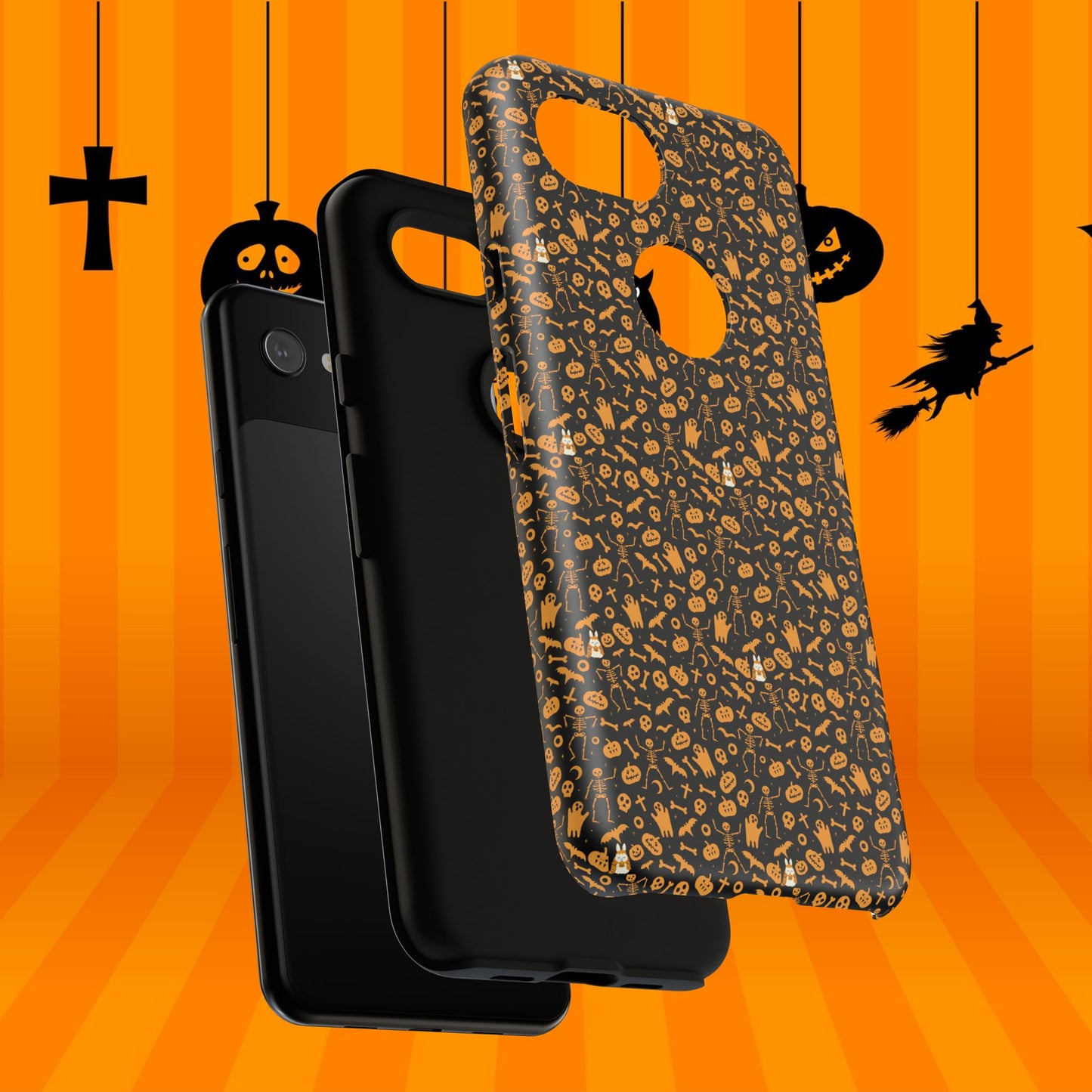 Spooky Icons Halloween Hard Phone Case – Glossy Orange & Black Pumpkin Ghost Pattern, Protective Fall Aesthetic