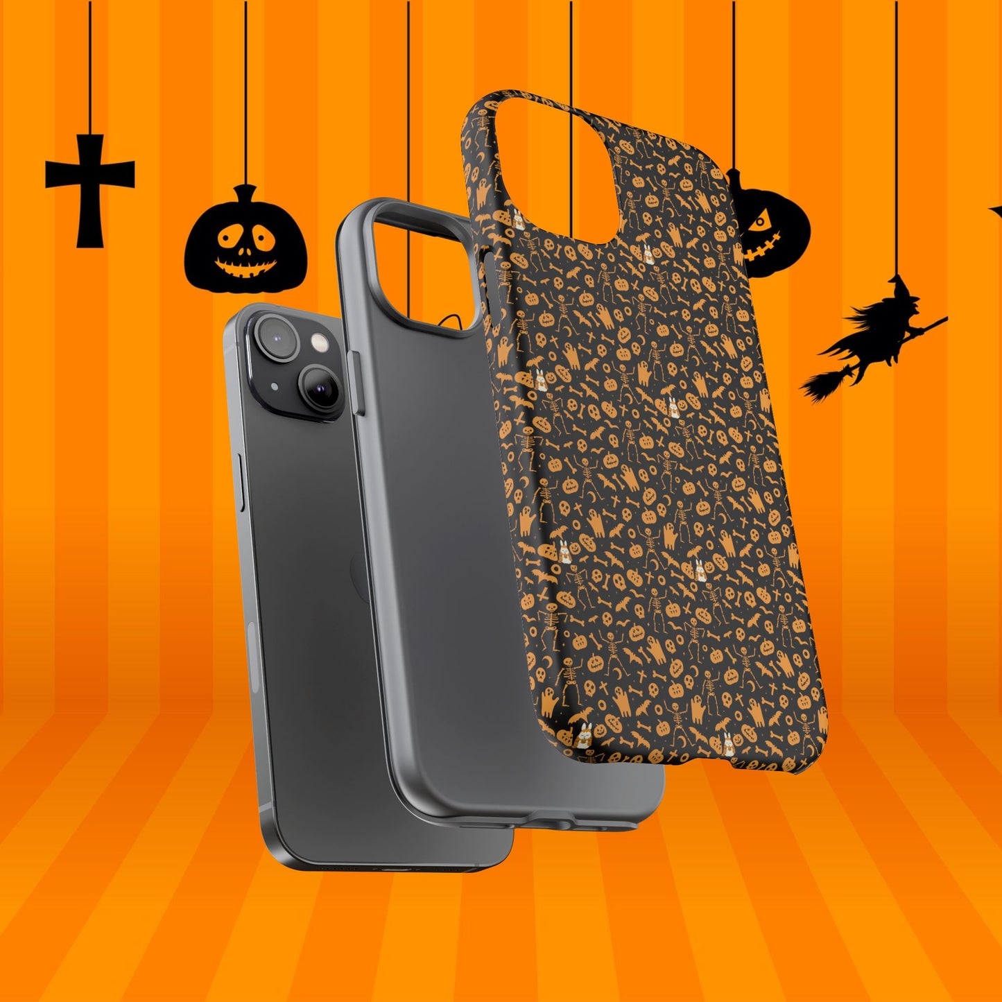 Spooky Icons Halloween Hard Phone Case – Glossy Orange & Black Pumpkin Ghost Pattern, Protective Fall Aesthetic