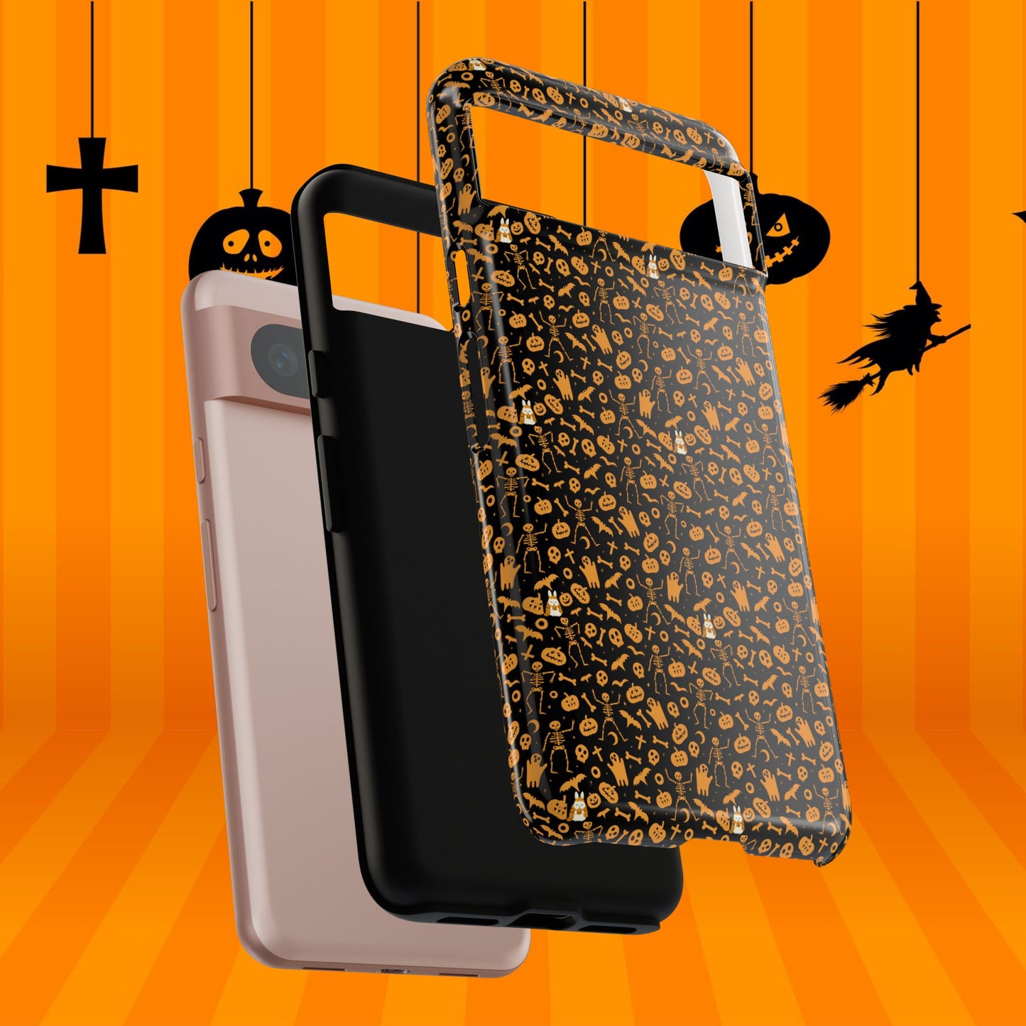 Spooky Icons Halloween Hard Phone Case – Glossy Orange & Black Pumpkin Ghost Pattern, Protective Fall Aesthetic