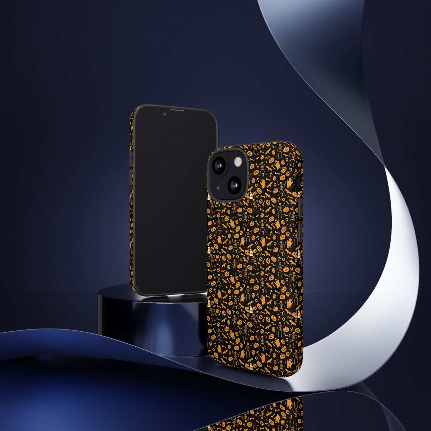 Spooky Icons Halloween Hard Phone Case – Glossy Orange & Black Pumpkin Ghost Pattern, Protective Fall Aesthetic
