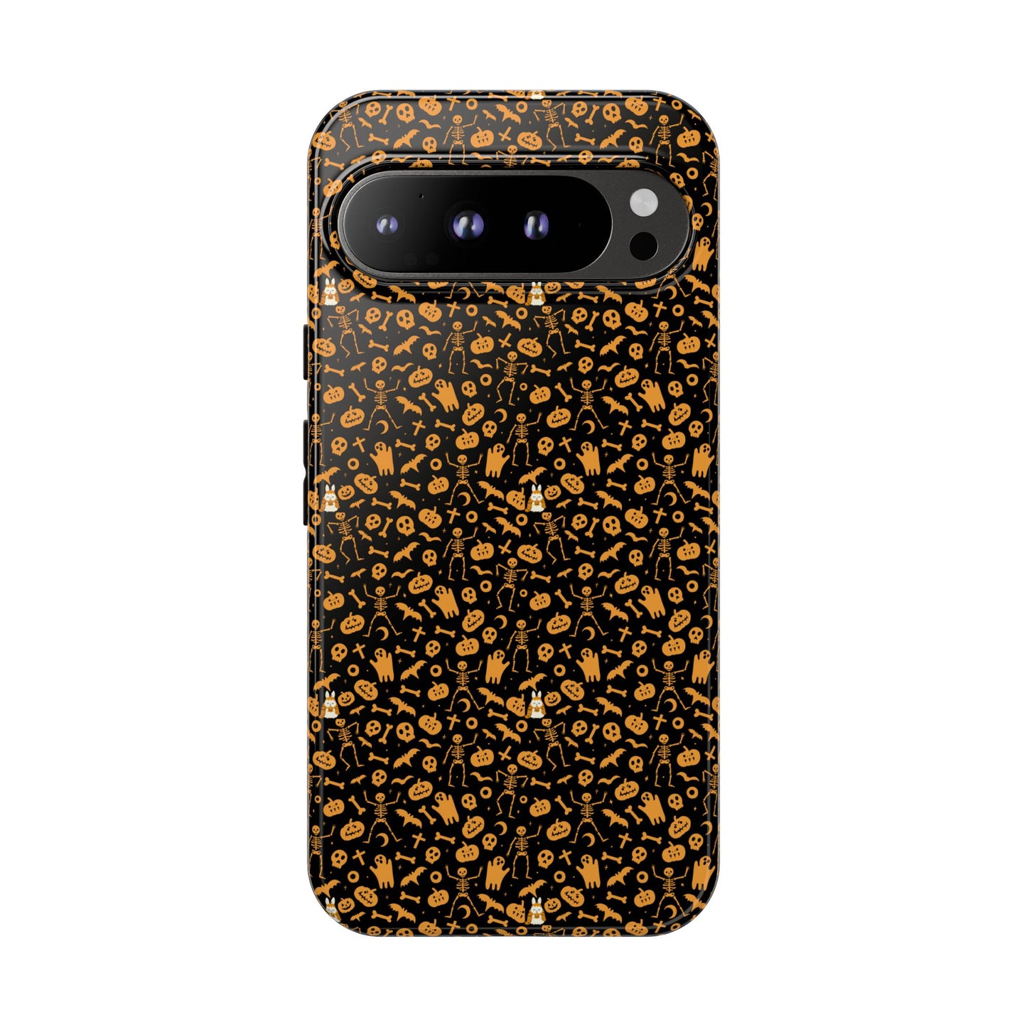 Spooky Icons Halloween Hard Phone Case – Glossy Orange & Black Pumpkin Ghost Pattern, Protective Fall Aesthetic