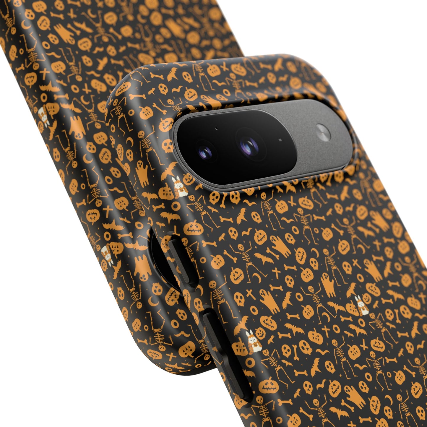 Spooky Icons Halloween Hard Phone Case – Glossy Orange & Black Pumpkin Ghost Pattern, Protective Fall Aesthetic