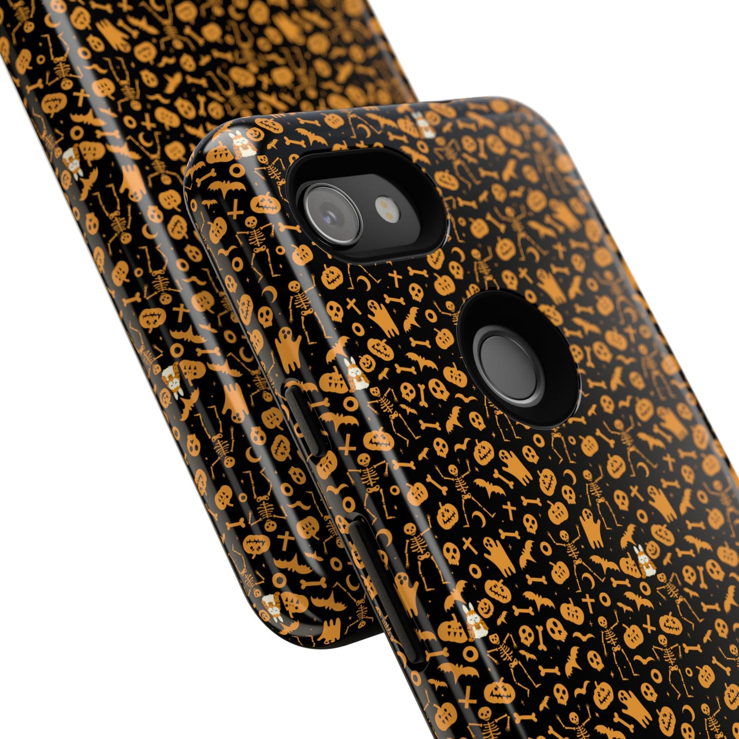 Spooky Icons Halloween Hard Phone Case – Glossy Orange & Black Pumpkin Ghost Pattern, Protective Fall Aesthetic