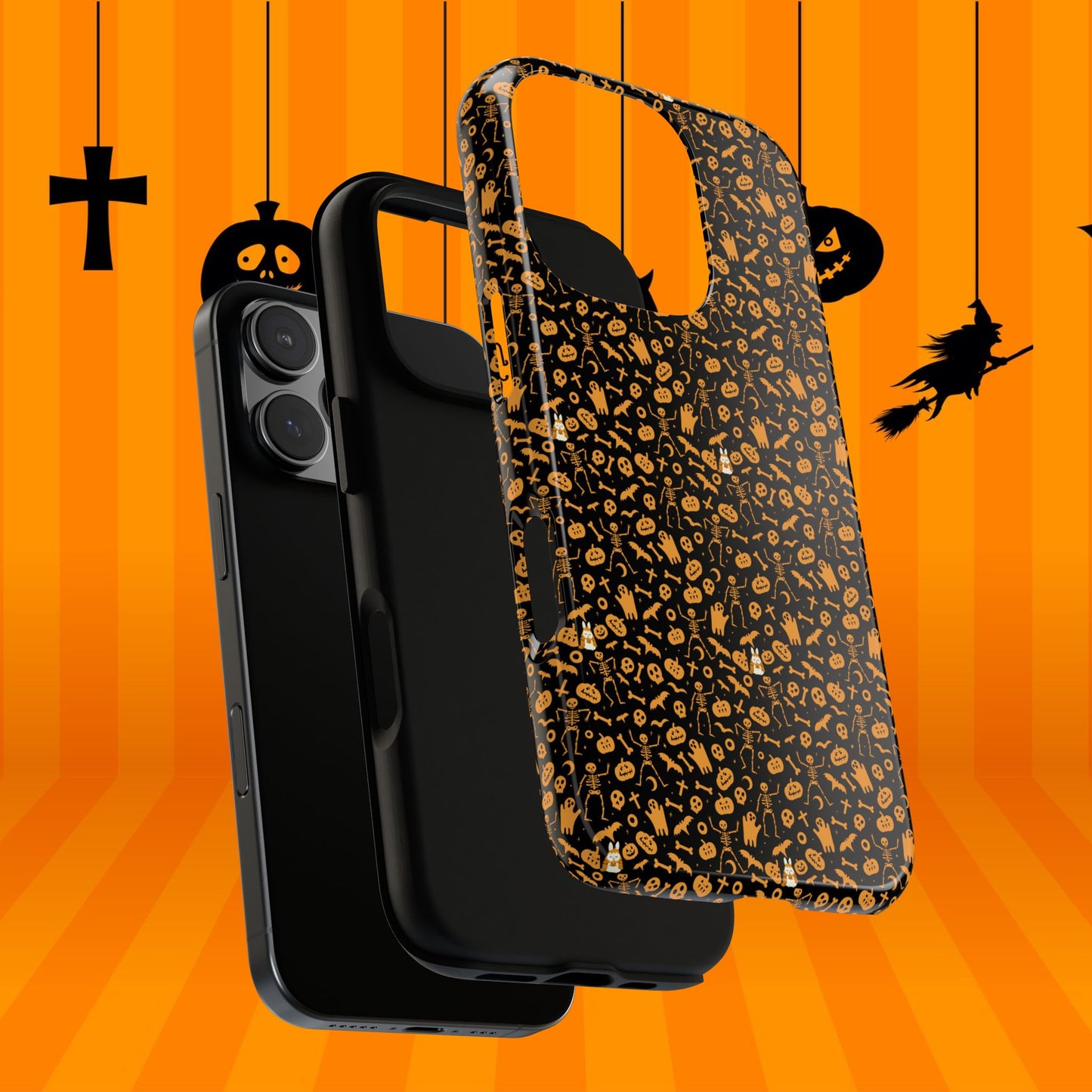 Spooky Icons Halloween Hard Phone Case – Glossy Orange & Black Pumpkin Ghost Pattern, Protective Fall Aesthetic
