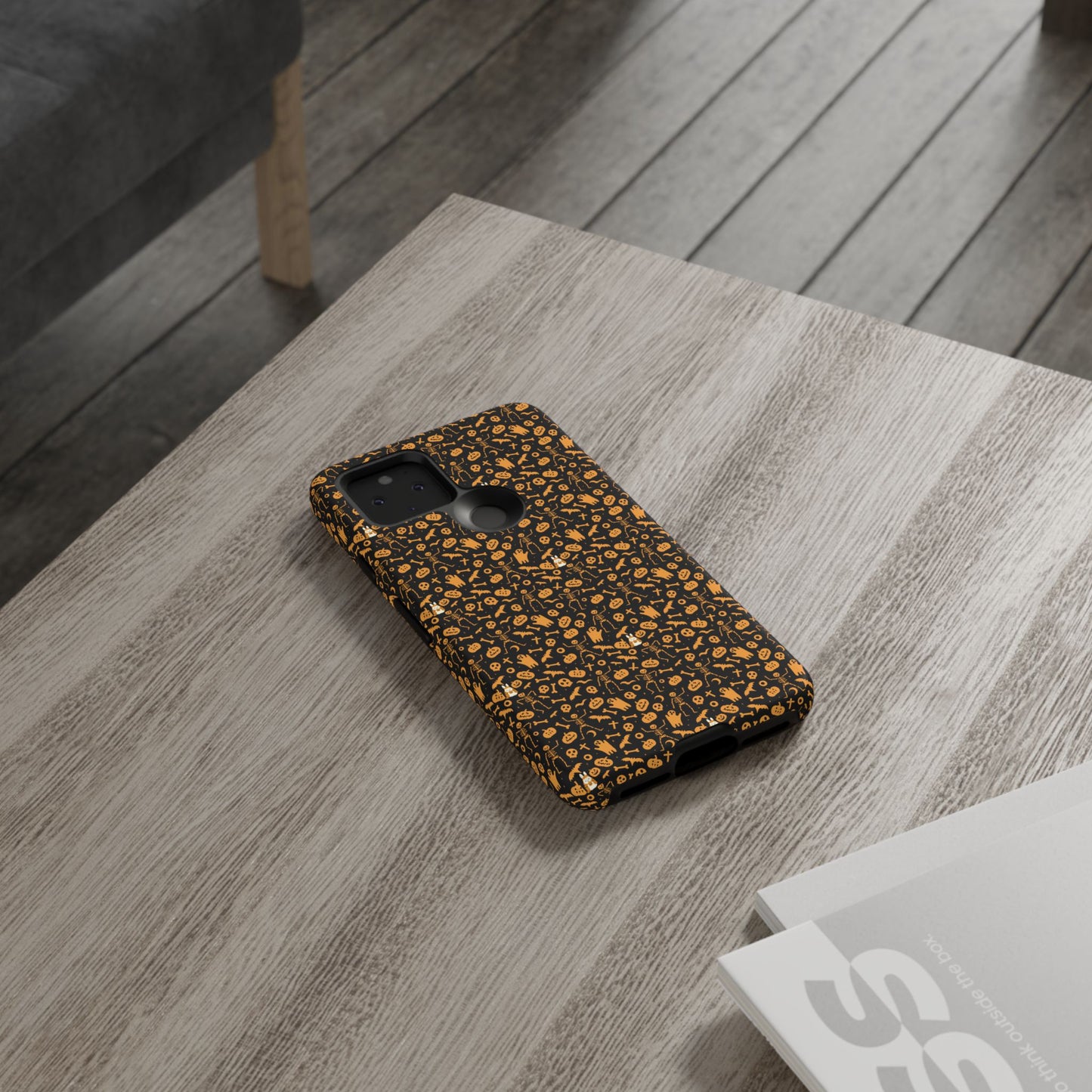 Spooky Icons Halloween Hard Phone Case – Glossy Orange & Black Pumpkin Ghost Pattern, Protective Fall Aesthetic