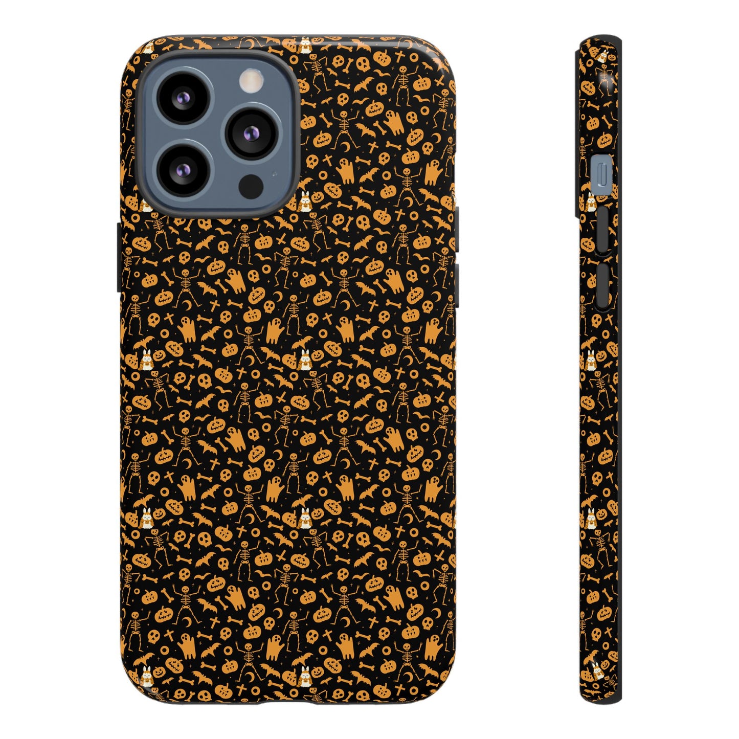 Spooky Icons Halloween Hard Phone Case – Glossy Orange & Black Pumpkin Ghost Pattern, Protective Fall Aesthetic
