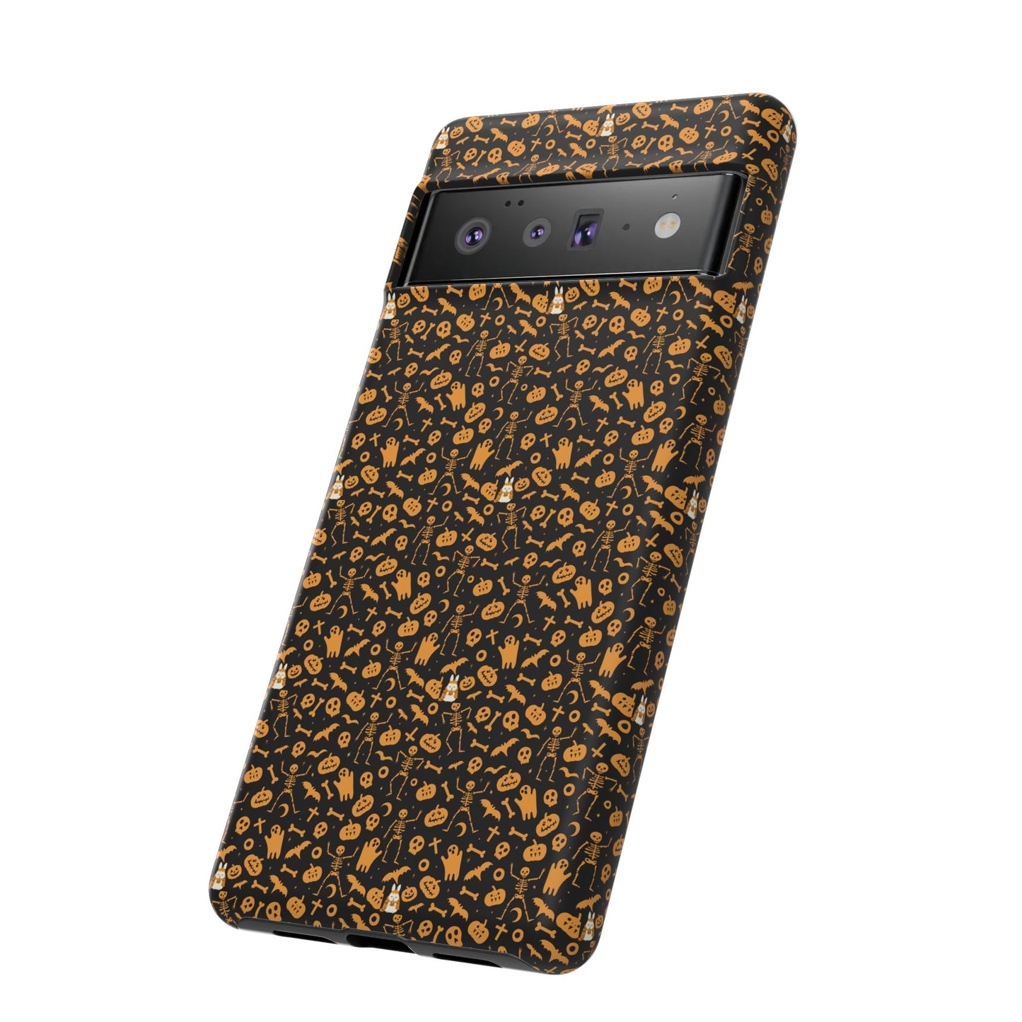 Spooky Icons Halloween Hard Phone Case – Glossy Orange & Black Pumpkin Ghost Pattern, Protective Fall Aesthetic