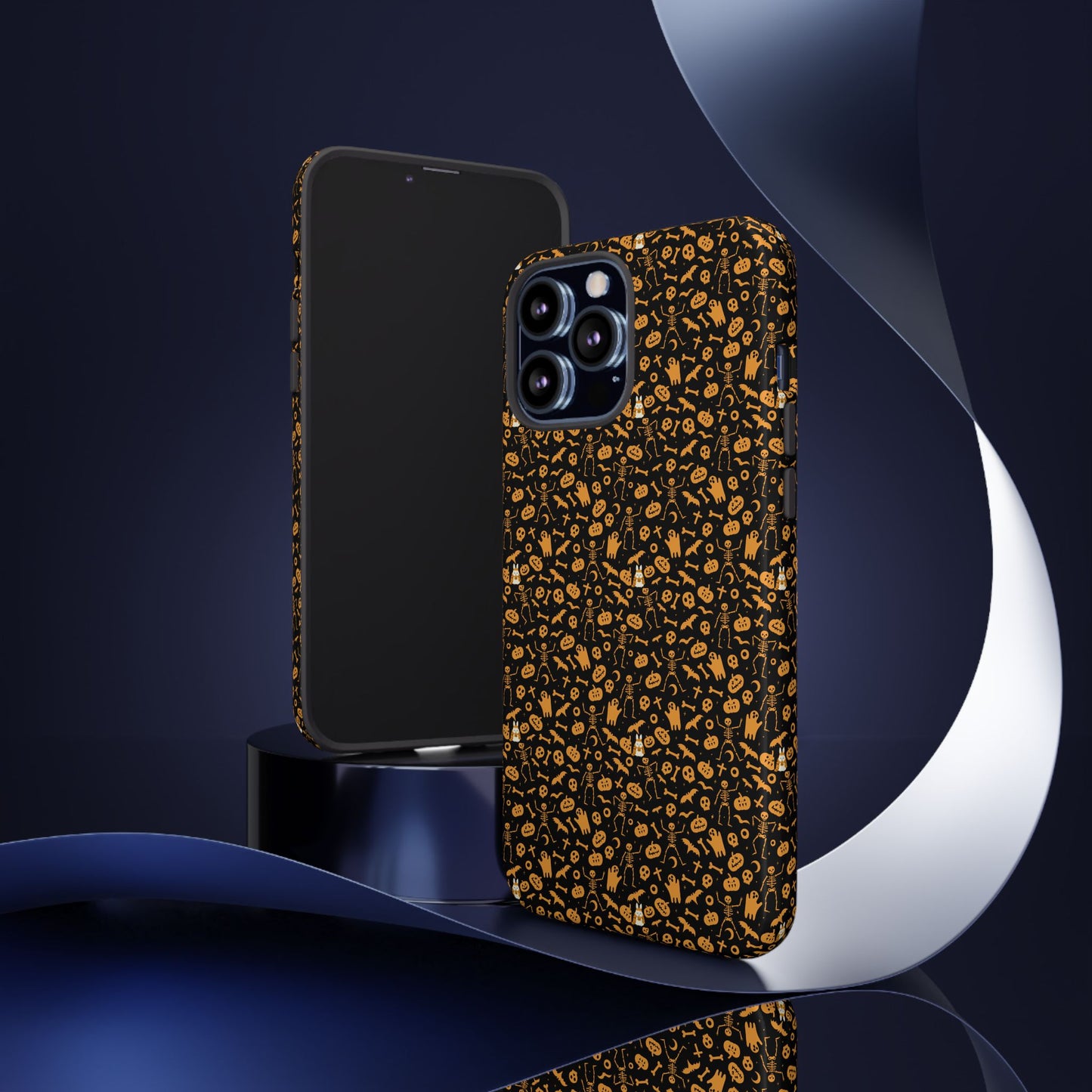 Spooky Icons Halloween Hard Phone Case – Glossy Orange & Black Pumpkin Ghost Pattern, Protective Fall Aesthetic