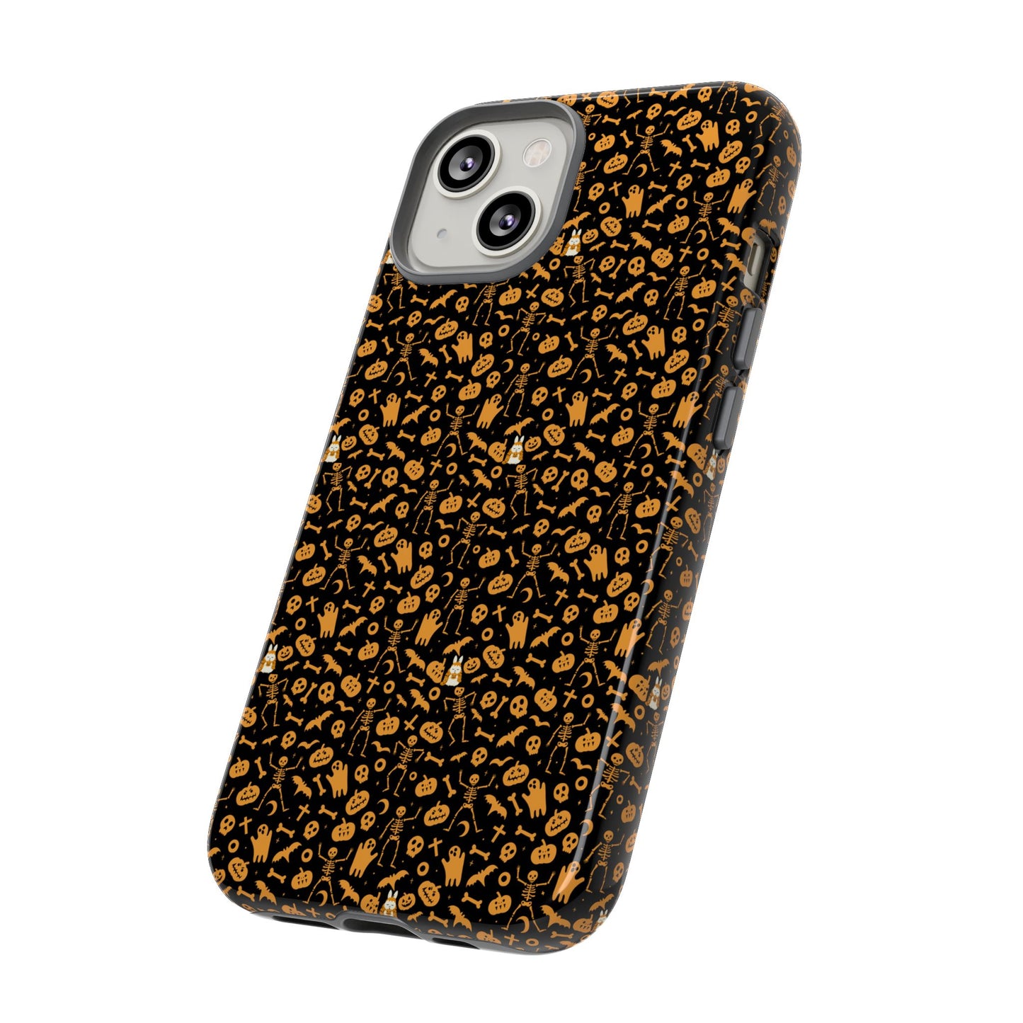Spooky Icons Halloween Hard Phone Case – Glossy Orange & Black Pumpkin Ghost Pattern, Protective Fall Aesthetic