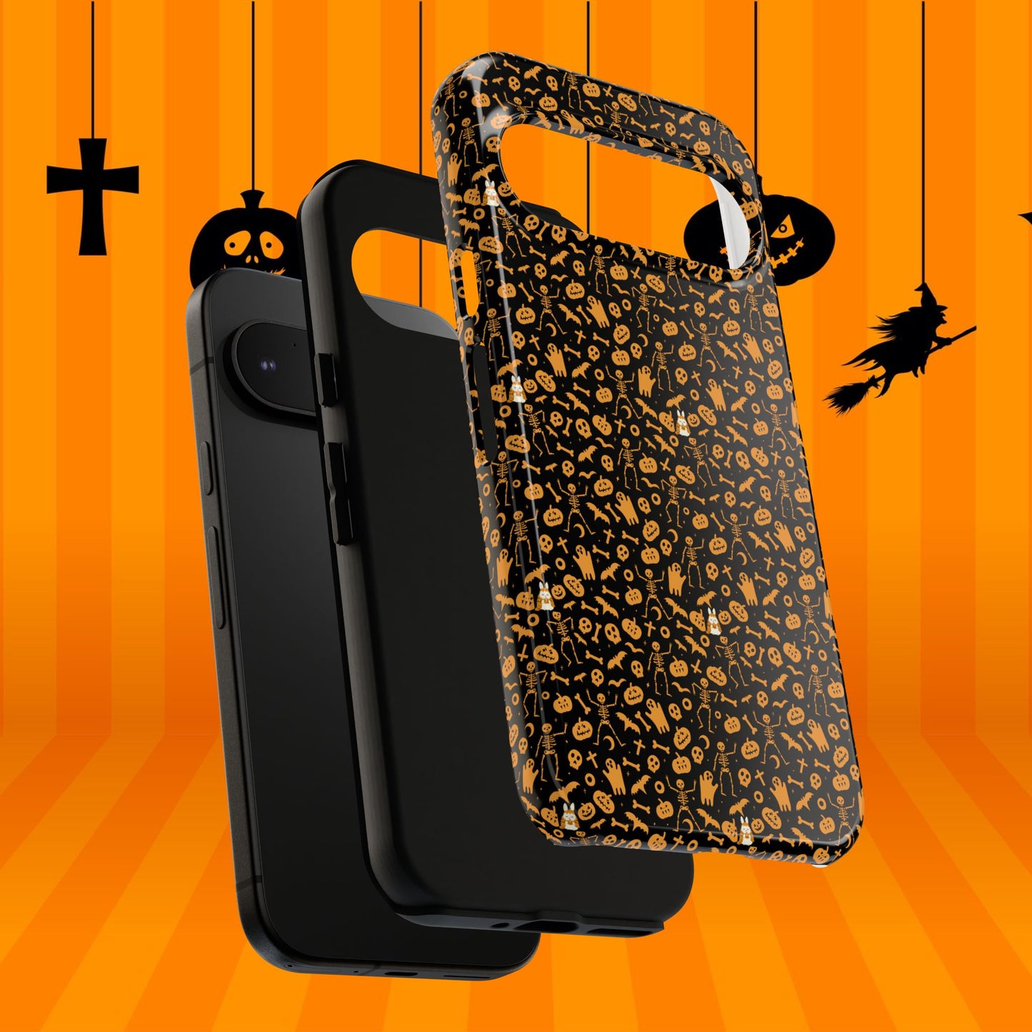 Spooky Icons Halloween Hard Phone Case – Glossy Orange & Black Pumpkin Ghost Pattern, Protective Fall Aesthetic