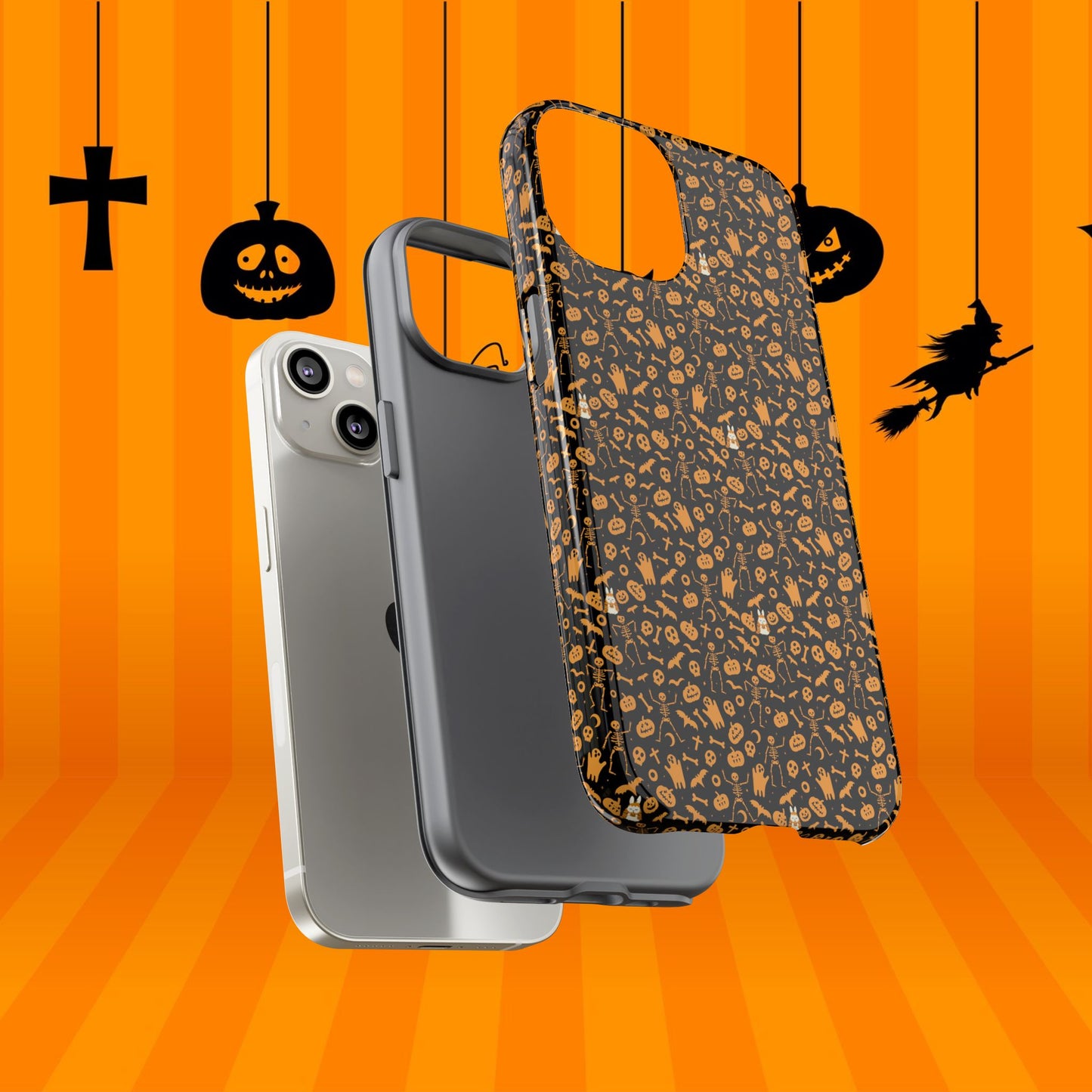 Spooky Icons Halloween Hard Phone Case – Glossy Orange & Black Pumpkin Ghost Pattern, Protective Fall Aesthetic
