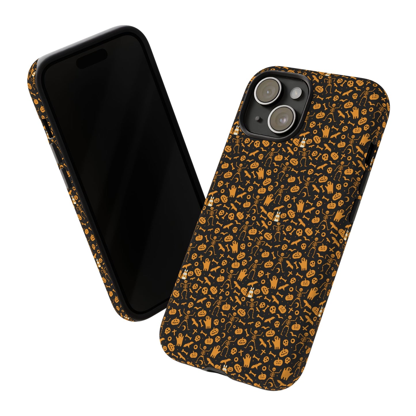 Spooky Icons Halloween Hard Phone Case – Glossy Orange & Black Pumpkin Ghost Pattern, Protective Fall Aesthetic