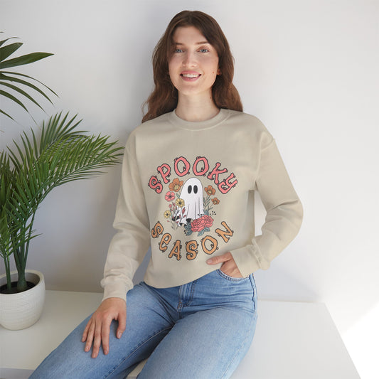 Spooky Season Ghost Sweatshirt – Cute Floral Halloween Crewneck, Pastel Aesthetic Fall Pullover