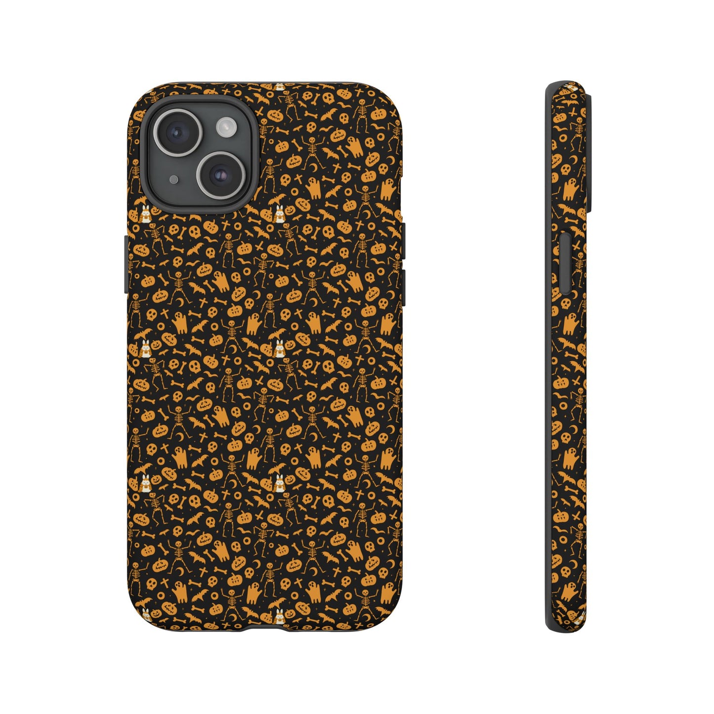 Spooky Icons Halloween Hard Phone Case – Glossy Orange & Black Pumpkin Ghost Pattern, Protective Fall Aesthetic
