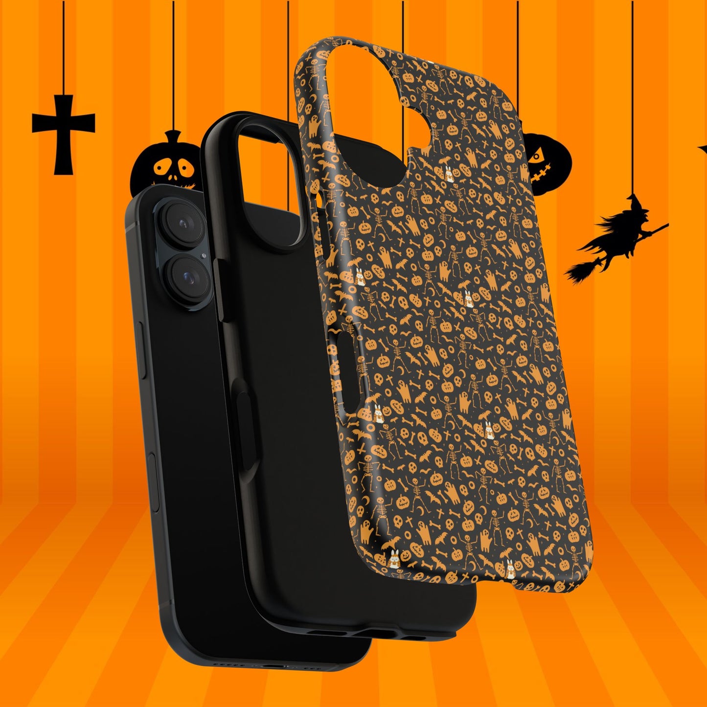 Spooky Icons Halloween Hard Phone Case – Glossy Orange & Black Pumpkin Ghost Pattern, Protective Fall Aesthetic