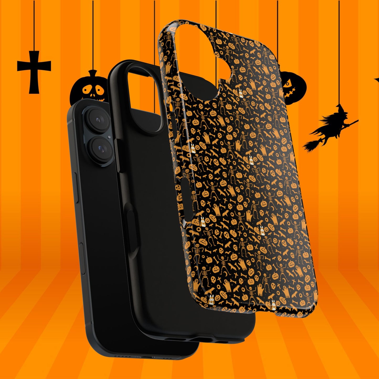 Spooky Icons Halloween Hard Phone Case – Glossy Orange & Black Pumpkin Ghost Pattern, Protective Fall Aesthetic